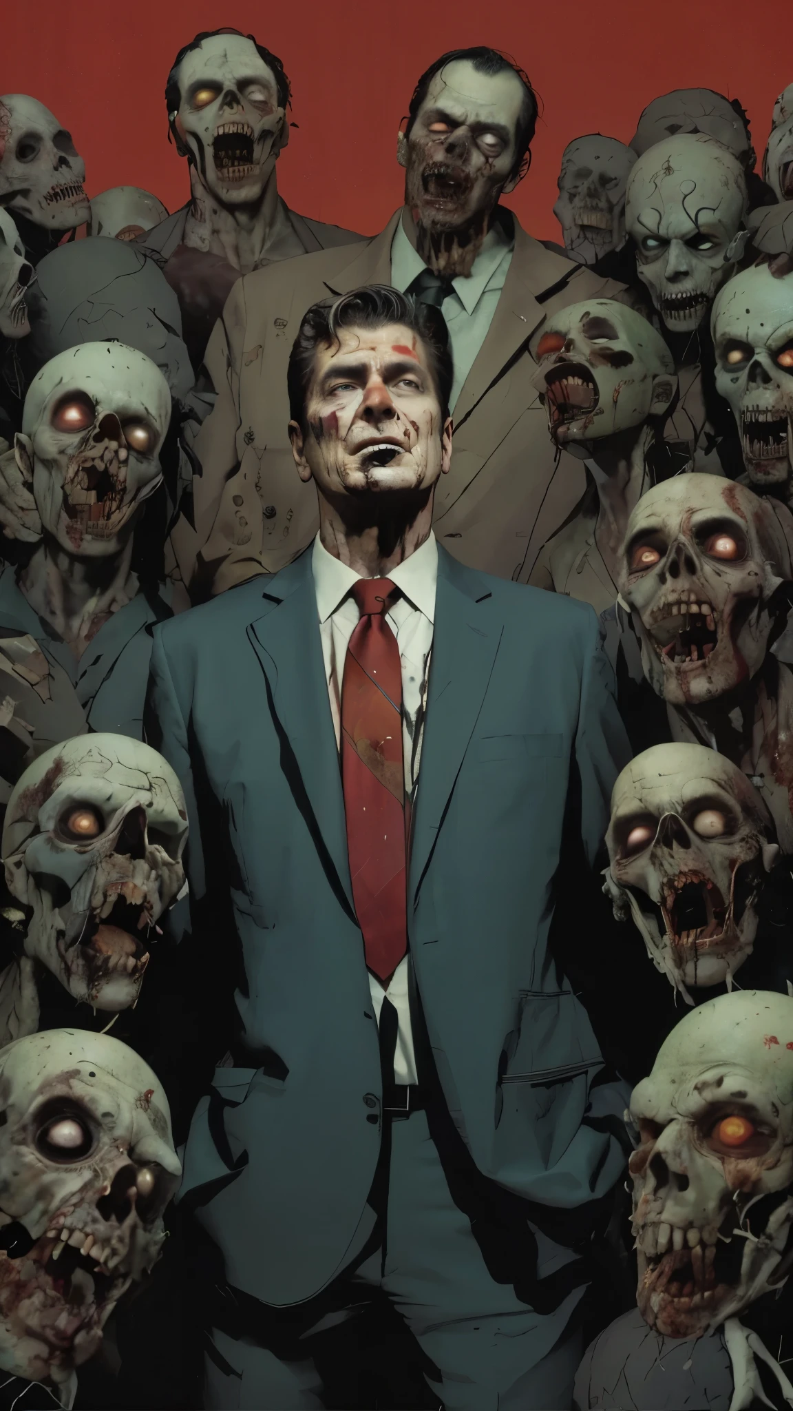 arafed image of a man in a suit surrounded by zombies, zombie ronald reagan, undead ronald reagan zombie, doing the bateman stare, neal adams | centered, neal adams | dark, by Ignacio Zuloaga, by Luis Miranda, hannibal, neal adams | sinister, dark!, towering giant made of zombies, neal adams | portrait, inspired by Harvey Dunn