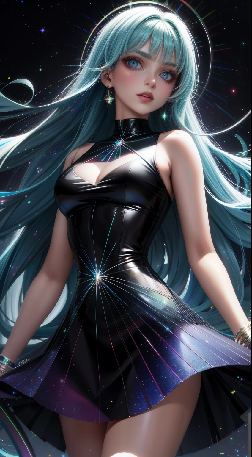 Realista, 1 garota, holographic hair, heterochromic eyes, olhos brilhantes, holographic dress top, holographic skirt, parted lips, corar, noite, rosas brancas, pastel tetradic cores, brilho, realista 