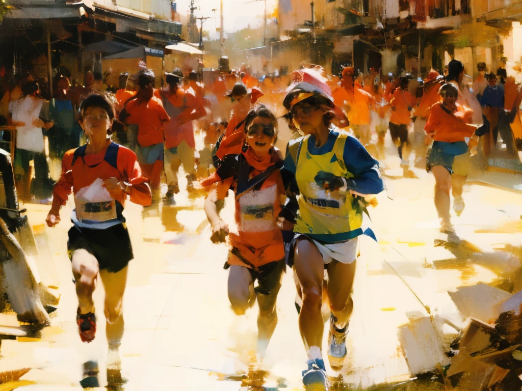 people running marathon people running marathon, man, , Run a marathon, dusty，Shine, oil paint strokes，Impressionism, Sunlight,