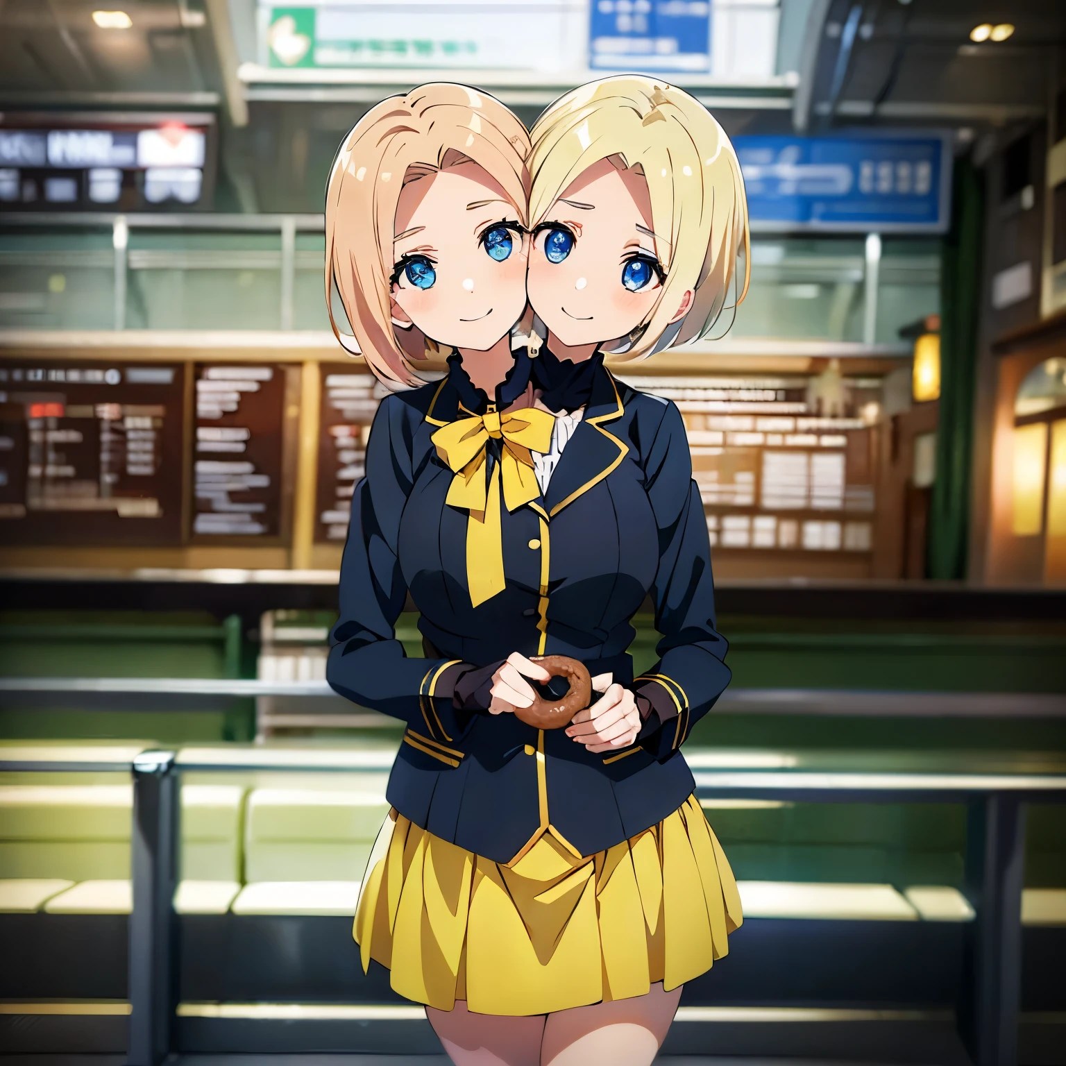 (masterpiece),(ultra-detailed), (high quality), (high resolution), (best quality:1.5, highres, UHD), highres, absurdo, ultra detail, ultra quality, Ultra resolution, 16k, ((2heads:1.5)), 1girl, ((anime girl with two heads)), (blonde hair)  yellow blouse with blue jacket and a yellow skirt with pleats, fingerless black gloves, black suede shoes, (beautiful girl ), gentle smile, (blue eyes), cowboy shot, (British railway station), (holding doughnut)