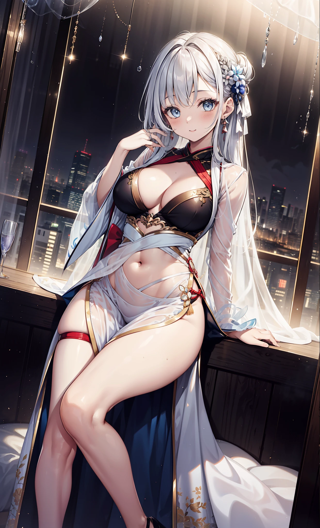 Modern fashionable clothing with light-colored long-sleeved skirt Hanfu，20 years old female，Slightly mature，ideal partner，in love，obsessed，Sexual innuendo，The clothes are beautifully designed，Clothing with multiple layers of transparent construction，light clothes，super detailed, She has long curly hair，Seductive pose，20 year old girl，light eyes，she has earrings,乳房view, view，背部view，Raised sexy，curvy body，arch downward，((sheer transparent clothes)),((There is a luxurious night view outside the window))，She appeared in the bedroom of a luxury hotel，Delicate light blue eyes