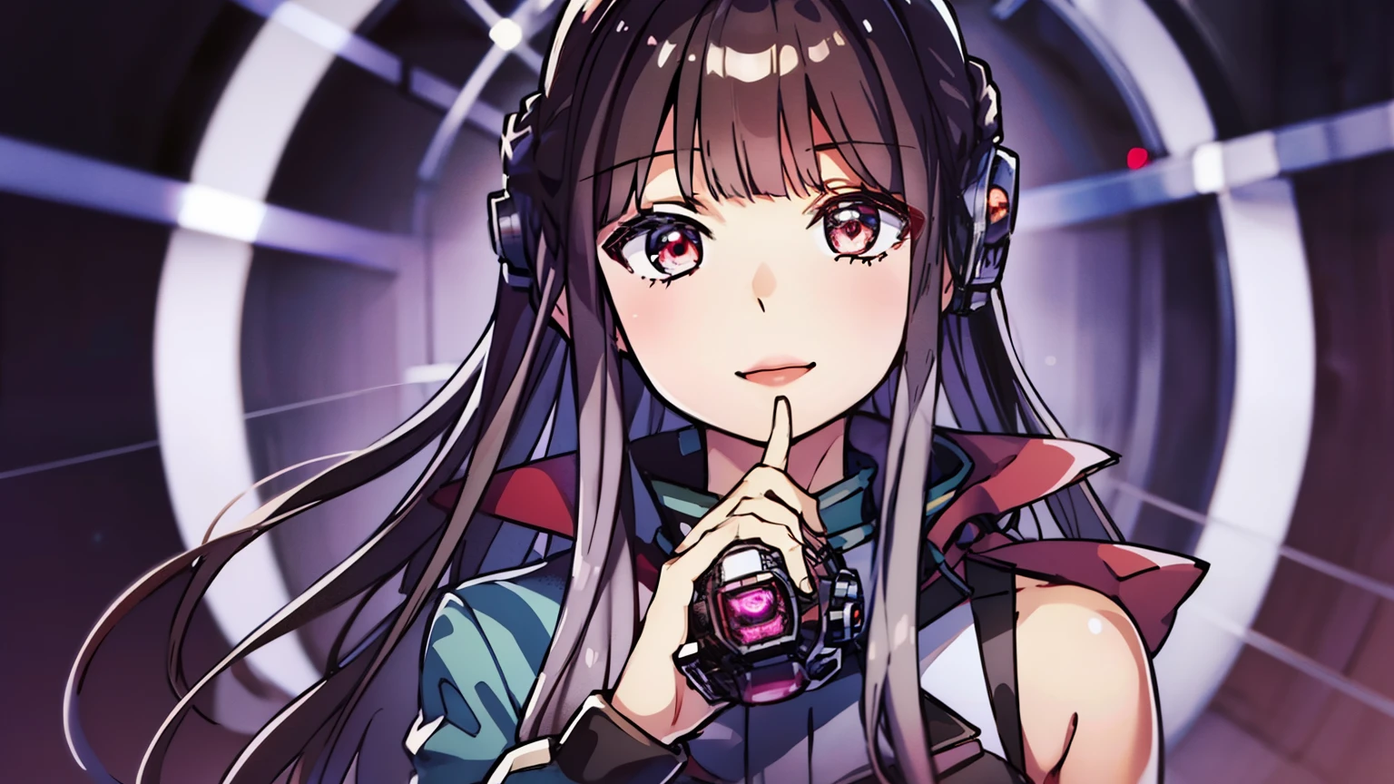 Azuki Hanazawa, long hair, silver hair, red eyes, digital monsters, monitor, humanoid, kamen rider, digimon, masked rider, full covered on helmet, red halo above, black armor suit, black hole, glitching surrounding, standing, visual novel cg style, BREAK looking at viewer, BREAK (masterpiece:1.2), best quality, high resolution, unity 8k wallpaper, (illustration:0.8), (beautiful detailed eyes:1.6), extremely detailed face, perfect lighting, extremely detailed CG, (perfect hands, perfect anatomy)