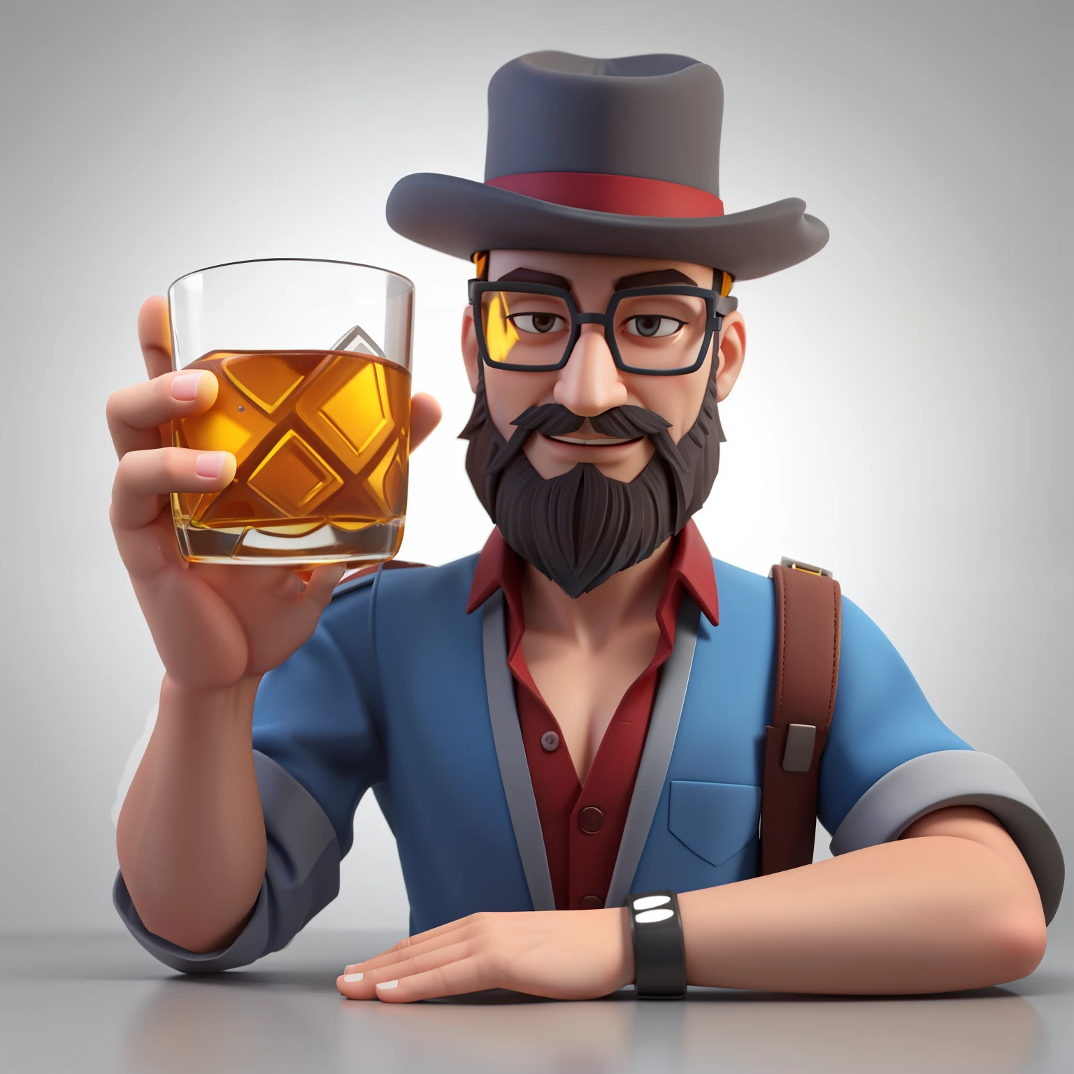 trimmed man with beard and hat holding a glass of whiskey, stylized 3d render, boire un verre de whisky, very detailed character, depicted as a 3 d render, art du personnage de rendu 3D 8 k, tenant un verre de whisky, boire du whisky, Rendu 3D du jeu vidéo, stylized as a 3d render, illustration 2D