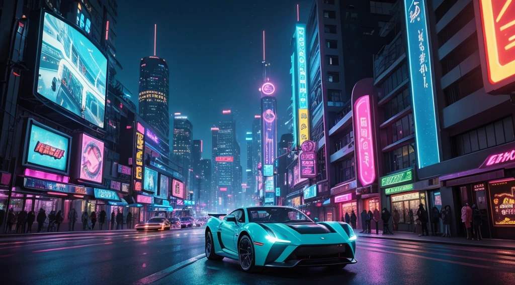 a retrofuturistic cityscape with vibrant neon lights, bustling street, and tall skyscrapers, (best quality, 4k), Super detailed, (actual:1.37) retrowave-inspired digital illustrations and 3D renderingedium) Chrome sports car and motorcycle on city street, Leave light marks (high-energy, Action packed) an enormous holographic billboard displaying a futuristic model with luminous eyes and striking features (luminescent, charming) A group of fashionable people, Wearing neon clothes, Gather around vintage arcade machines, Immerse yourself in virtual reality gaming (trend, Lively) Dynamic laser beams pierce the night sky, lending an atmosphere of otherworldly beauty (science fiction, futuristic) Synthwave music fills the air, Evoke feelings of nostalgia and excitement (retro, Full of energy) Soft color gradient sunset sky, Cast a warm light on the city (夢幻ish, Atmospheric) 城市灯光的倒影在peaceful湖面上闪闪发光, Adds a sense of tranquility to the scene (reflective, peaceful) a retro-style graffiti mural on the side of a building, depicting a futuristic dystopian landscape (Gritty, Urban) Subtle lens flare and soft bokeh effects, Enhance the dreamlike quality of images (ish, ethereal) interplay of bright colors, Such as electric blue, light powder color, and neon green, 创造一个视觉上eye-catching构图 (rich and colorful, eye-catching) The city is bathed in softness, diffuse light, giving the scene a magical and enchanting ambiance (mystery, enchanting)