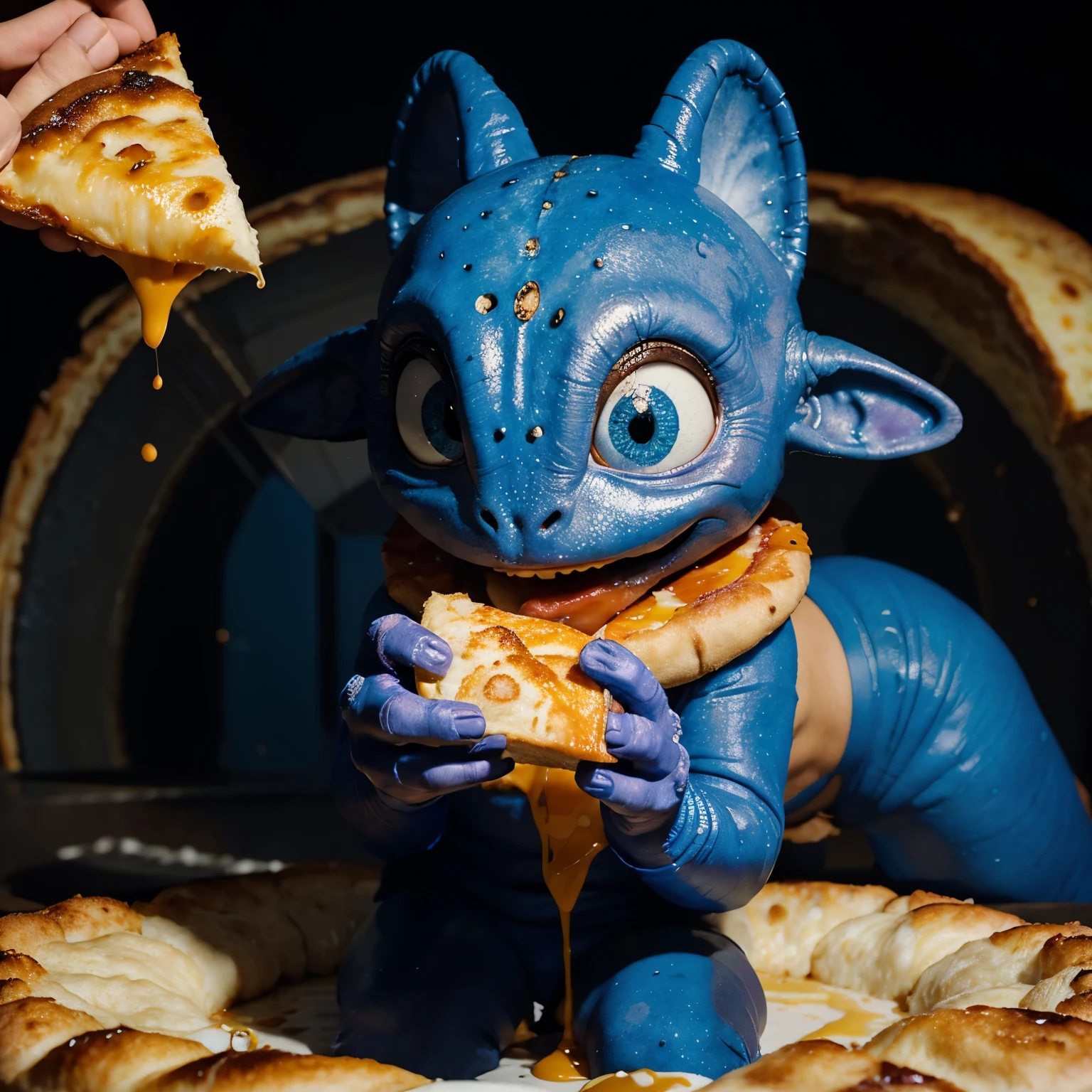 
[Image of an alien with ultra realistic features floating in outer space, com tons de azul e roxo ao redor, representing a distant galaxy. The alien has an intriguing appearance, com olhos grandes e negros, scaly skin and elongated tentacles or appendages.]

The alien holds a slice of pizza with a curious and hungry expression on its face. Pizza is vividly represented, with melted cheese and colorful ingredients visible.