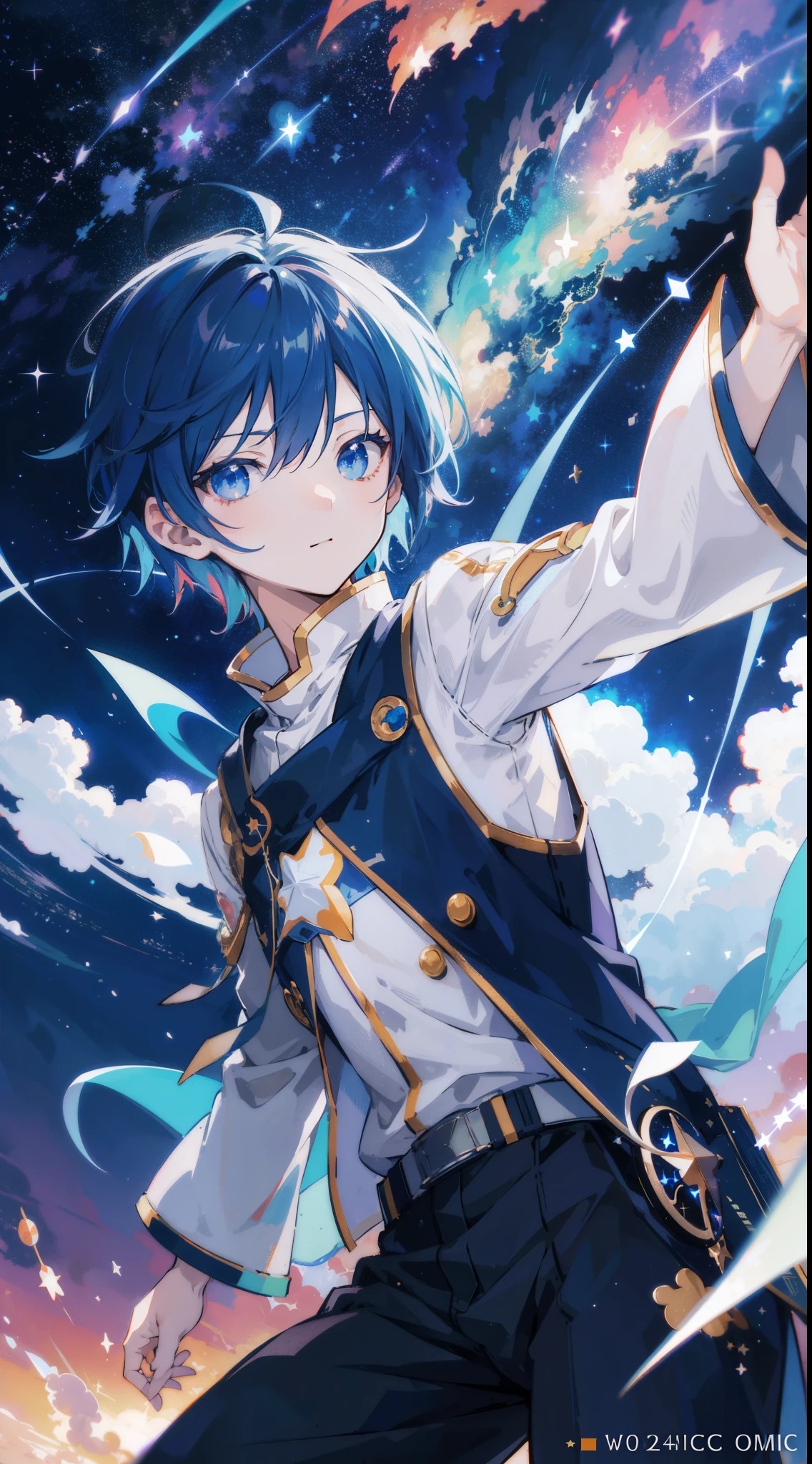 anime boy looking at a shooting star above the clouds, highly detailed raw color photo, dynamic pose, (cosmic: 1.4), (necropolis: 1.1), (science fiction setting), chromatic aberration, depth of field, soft lighting, masterpiece, best quality, intricate, (lens reflection: 0.7), (flowering: 0.7), particle effects, ray tracing