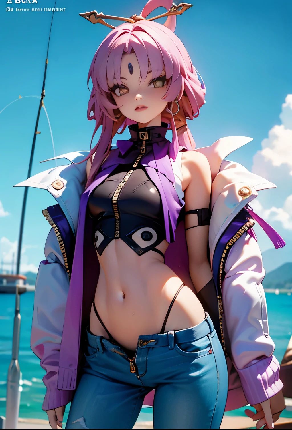 Slim figure,ripped jeans,having fun,Mesh garment,Chest open,Exposing the abdomen,Cocked buttocks,Fleshy thighs,Purple shawl,Masterpiece,Brilliant sunshine,Ocean Garden,Above the sky,Comic cover style,Comic title,tmasterpiece, High- sharpness, high high quality, Detailed face, detailed body render, 1girll, solo, Hinata sleeveless clothing, sleeveless shirts, Fishing net clothing, Dark lips, Unzipped jacket,