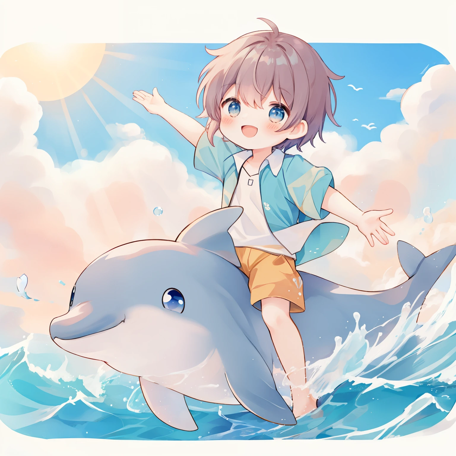A boy riding on the back of a dolphin smiles and waves、summer sunshine and white clouds、blue sea and sky、