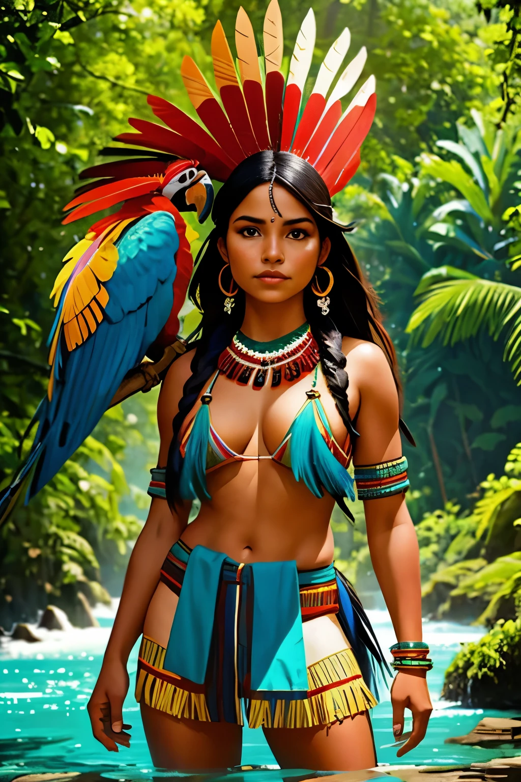 SFW. ((RAW photo, Best quality)), (Realistic, photo-realistic:1.2). A beautiful indigenous girl in native dress with feathers and feathers on her HEAD, Blue and red green macaw FEATHERS, on river. amazon indian peoples in brazil, beautiful young female brazilian Native girl, Hot body, body in good shape, very detailed face, Yanomami Indian in typical costumes,High quality. Amazonia forest Background. Cinematic lighting. 