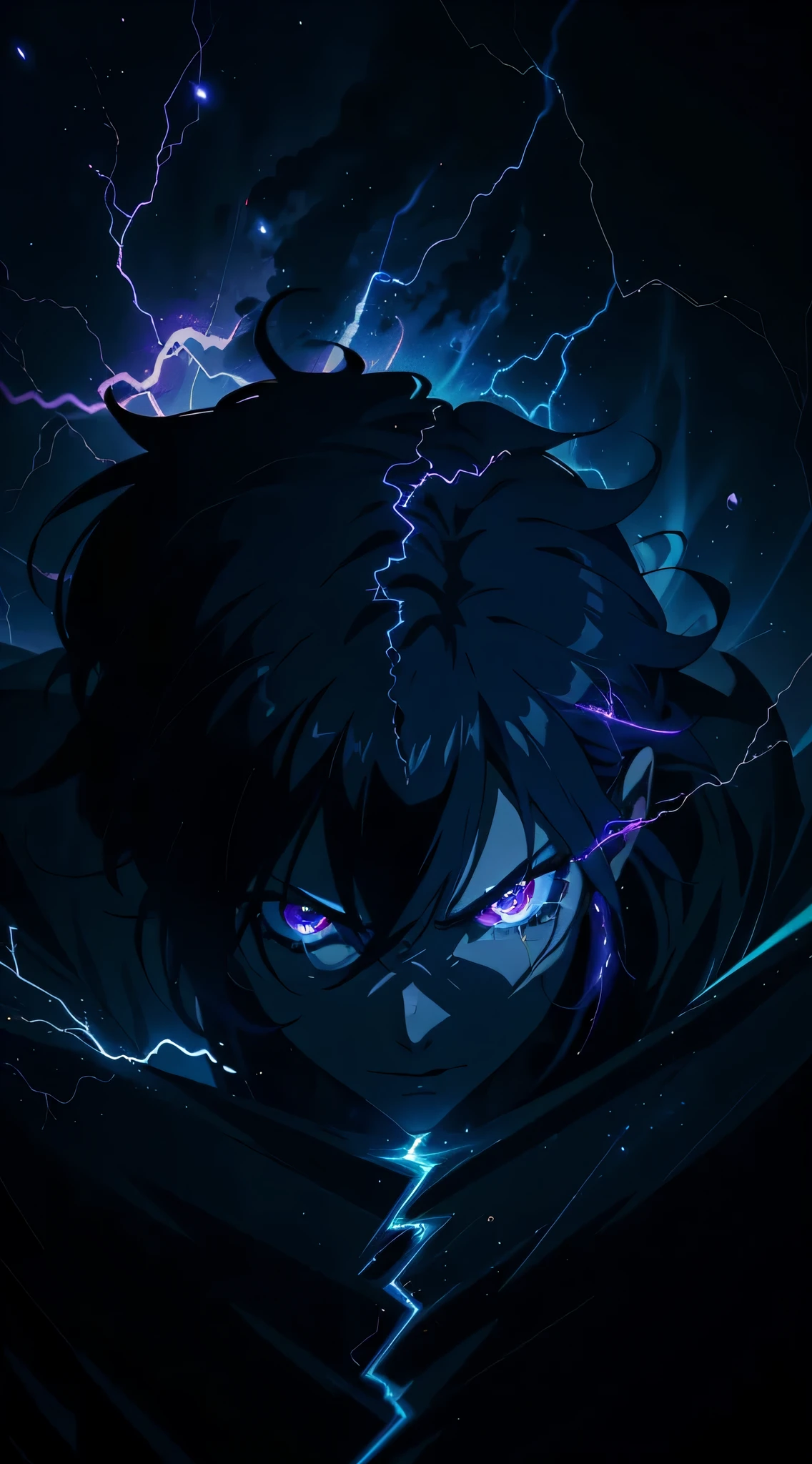 a close-up of a person with a purple and blue background full of lightning, aura negra brilhante, aura maligna, 8k anime, An Epic Anime Of A Being With Lightning Powers, epic anime style, threatening aura, Aura das Trevas, evoluindo para sua forma final, aura de poder brilhante, cosmic power shining and flourishing, muitos raios cercando o personagem