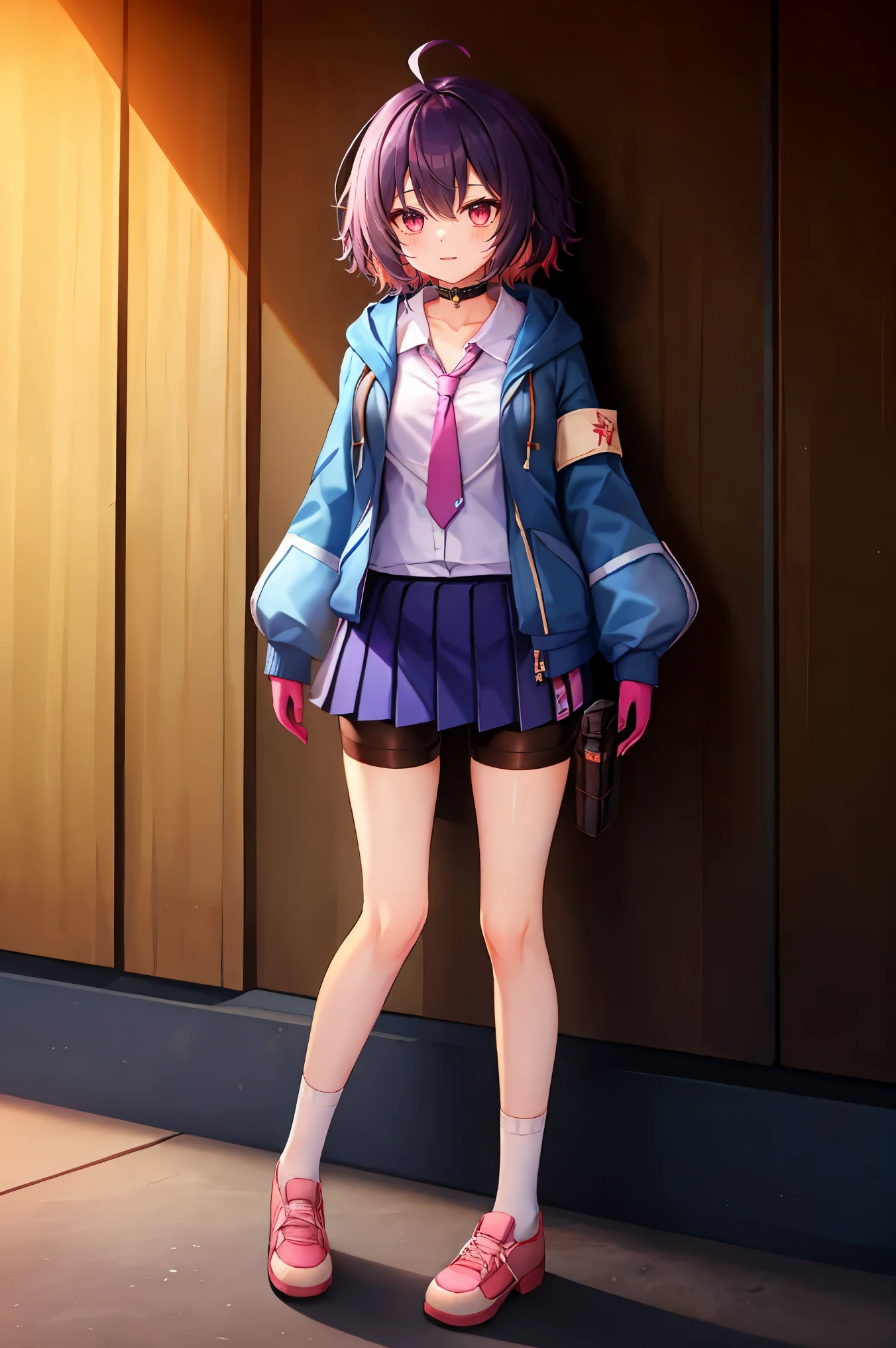 1girl, perfect face, hdr, seele vollerei, ahoge, medium_hair, purple_hair, colored inner pink_hair, purple_eyes, medium_breast, open_collar, white shirt, long shirt, collarbone, school_uniform, pink necktie, long tie, blue hooded_jacket, blue hooded sweater_jacket, oversized_jacket, hood, hood_down, long sleeves, open_jacket, open_clothes, brown_armband, miniskirt, short_skirt, skirt, blue_skirt, pleated_skirt, white_stripe, bike_shorts, bike_shorts_under_skirt, thigh_holster, thigh_legs,  bike_shorts_under_shorts, standing, full_body, white_socks, pink_shoes, thigh_legs, pink_gloves, short_skirt, skirt, blue_skirt, pleated_skirt, white_stripe, single_stripe, miniskirt, bike_shorts, 