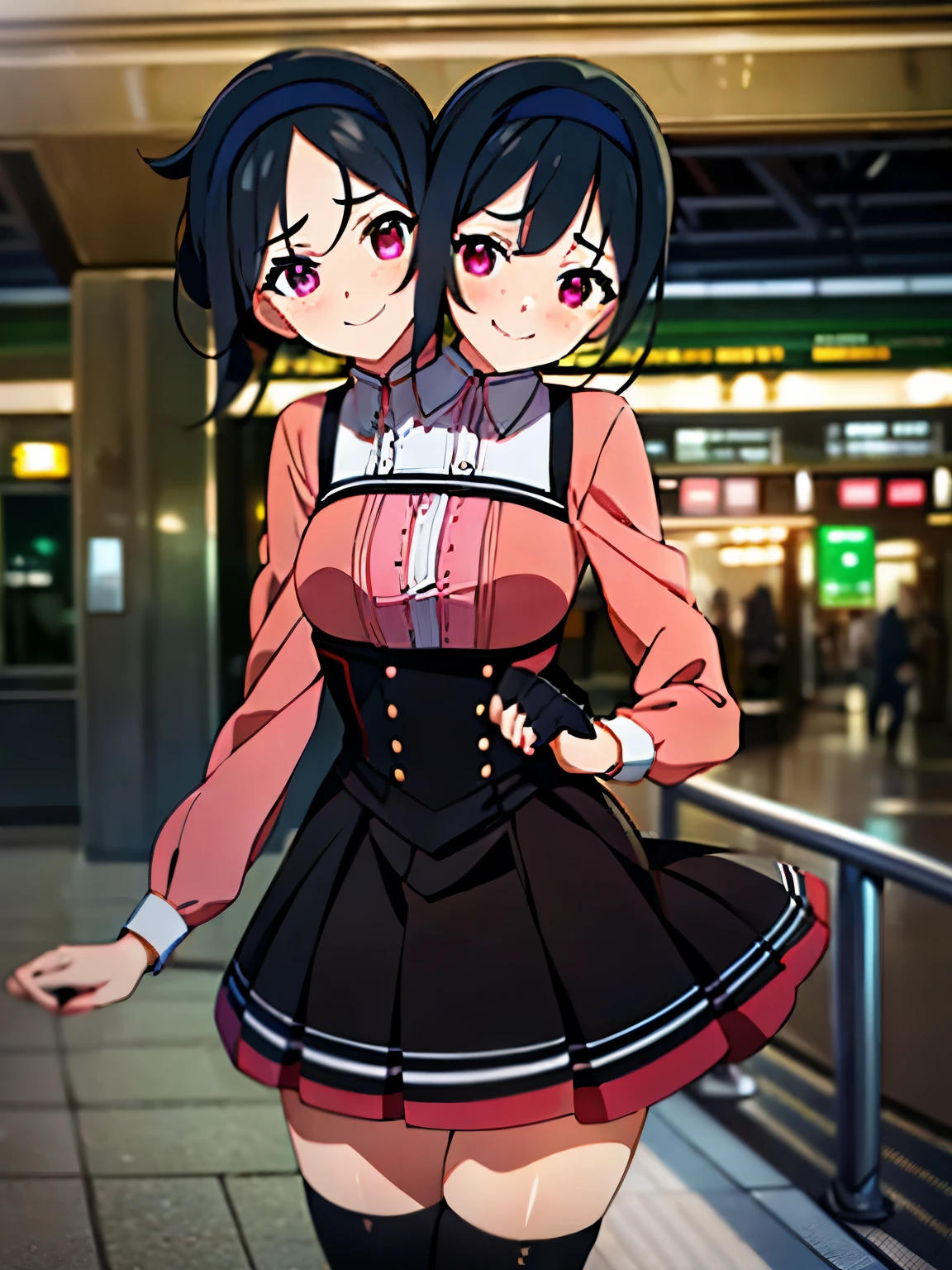 (masterpiece),(ultra-detailed), (high quality), (high resolution), (best quality:1.5, highres, UHD), highres, absurdo, ultra detail, ultra quality, Ultra resolution, 16k, ((2heads:1.5)), 1girl, ((anime girl with two heads)), (black hair) magenta red blouse with jacket and a hot pink mini skirt with pleats, fingerless black gloves, suede shoes, (freckles), gentle smile, (tomboy), cowboy shot, (railway station), (headband)