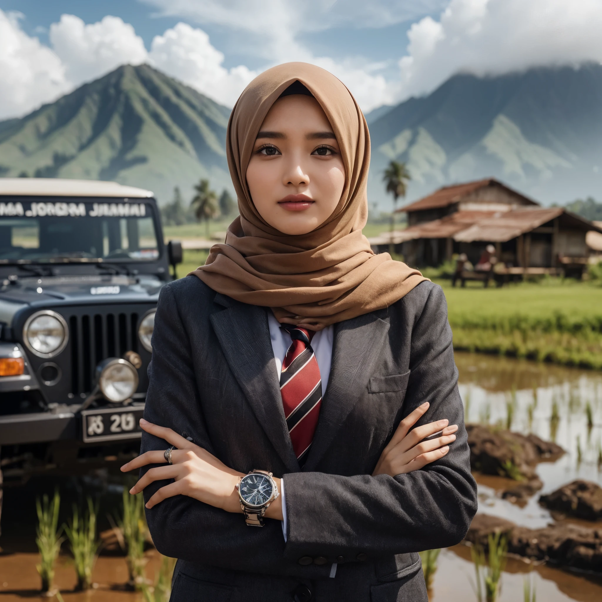 Seorang wanita Indonesia memakai hijab mengenakan blazer dan memakai dasi merah, sedang berdiri di depan mobil Jeep, memkai jam tangan, wajah menghadap depan, senyum tipis, latar belakang pesawahan dan gunung, realistis foto.