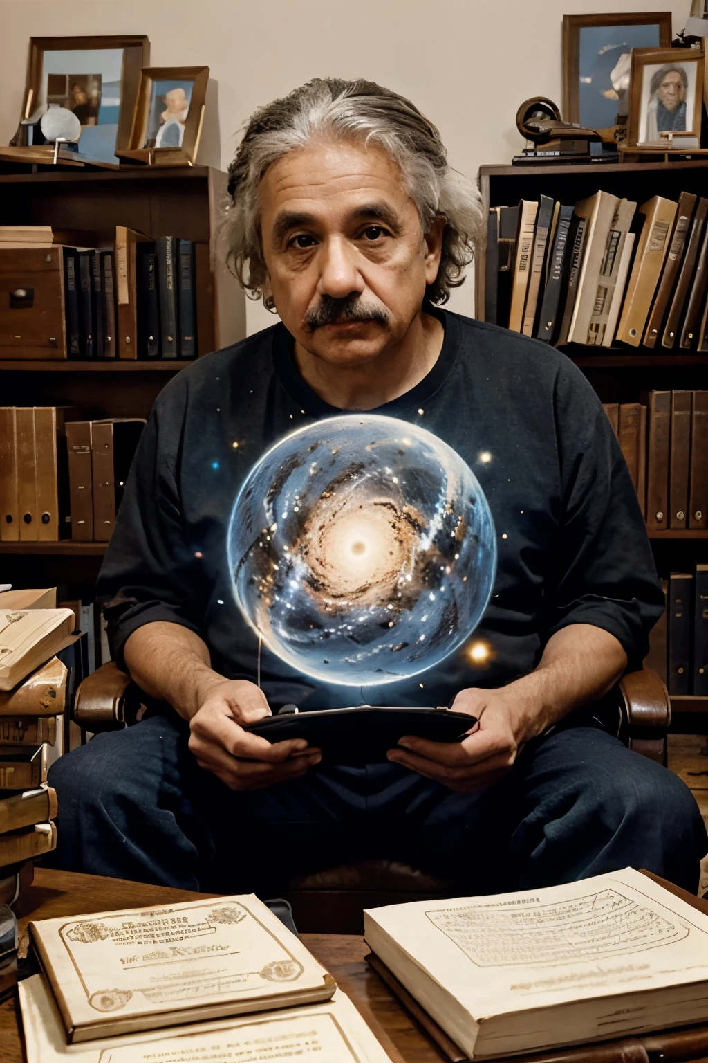 [Image of Albert Einstein sitting in his iconic armchair in his office, surrounded by stacked books and scientific papers. He is holding a vivid representation of a galaxy in his hands, com cores vibrantes e estrelas brilhantes.]