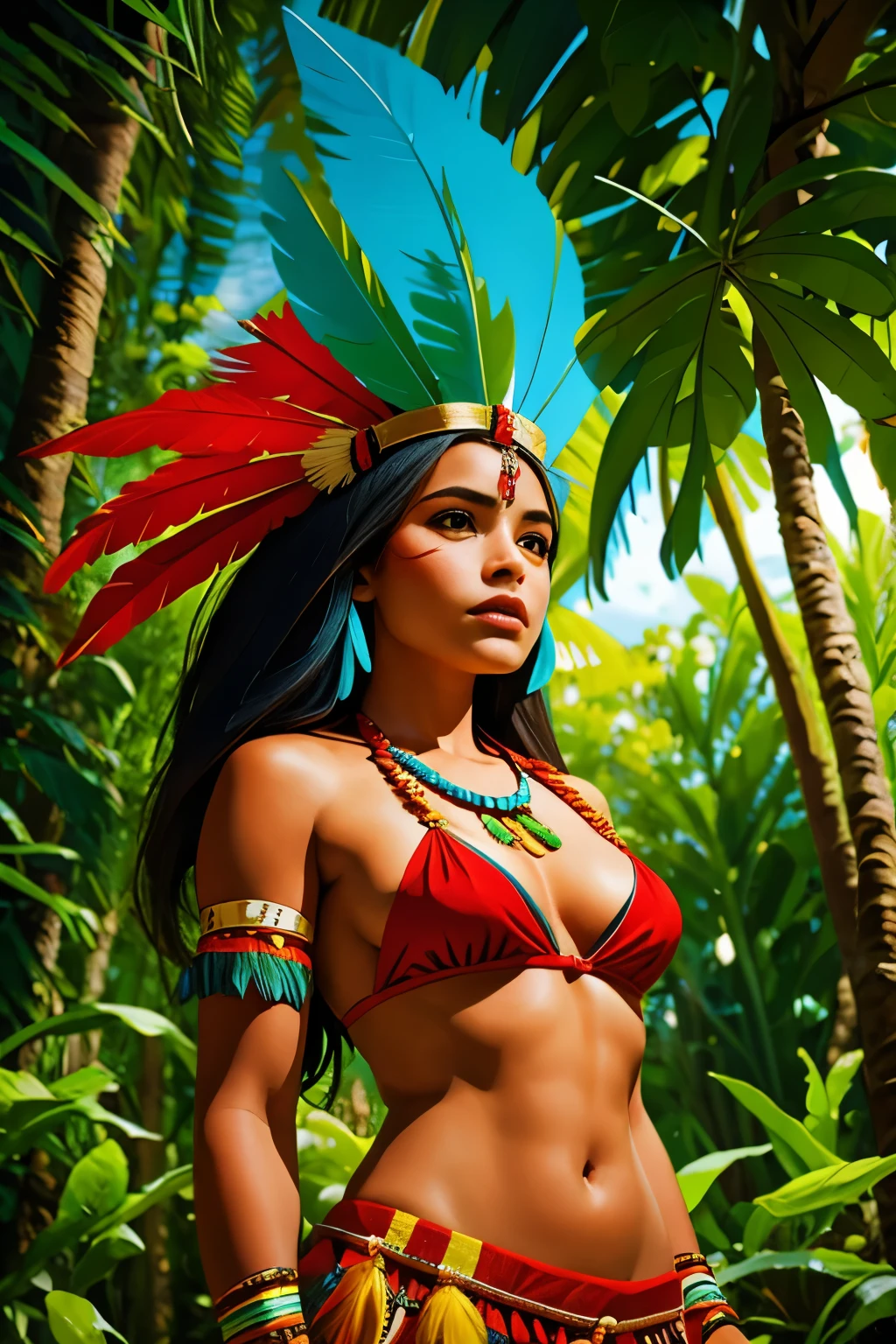 SFW. ((RAW photo, Best quality)), (Realistic, photo-realistic:1.2). A beautiful indigenous girl in native dress with feathers and feathers on her HEAD, Blue and red green macaw FEATHERS, on river. amazon indian peoples in brazil, beautiful young female brazilian Native girl, Hot body, body in good shape, very detailed face, Yanomami Indian in typical costumes,High quality. Amazonia forest Background. Cinematic lighting. 