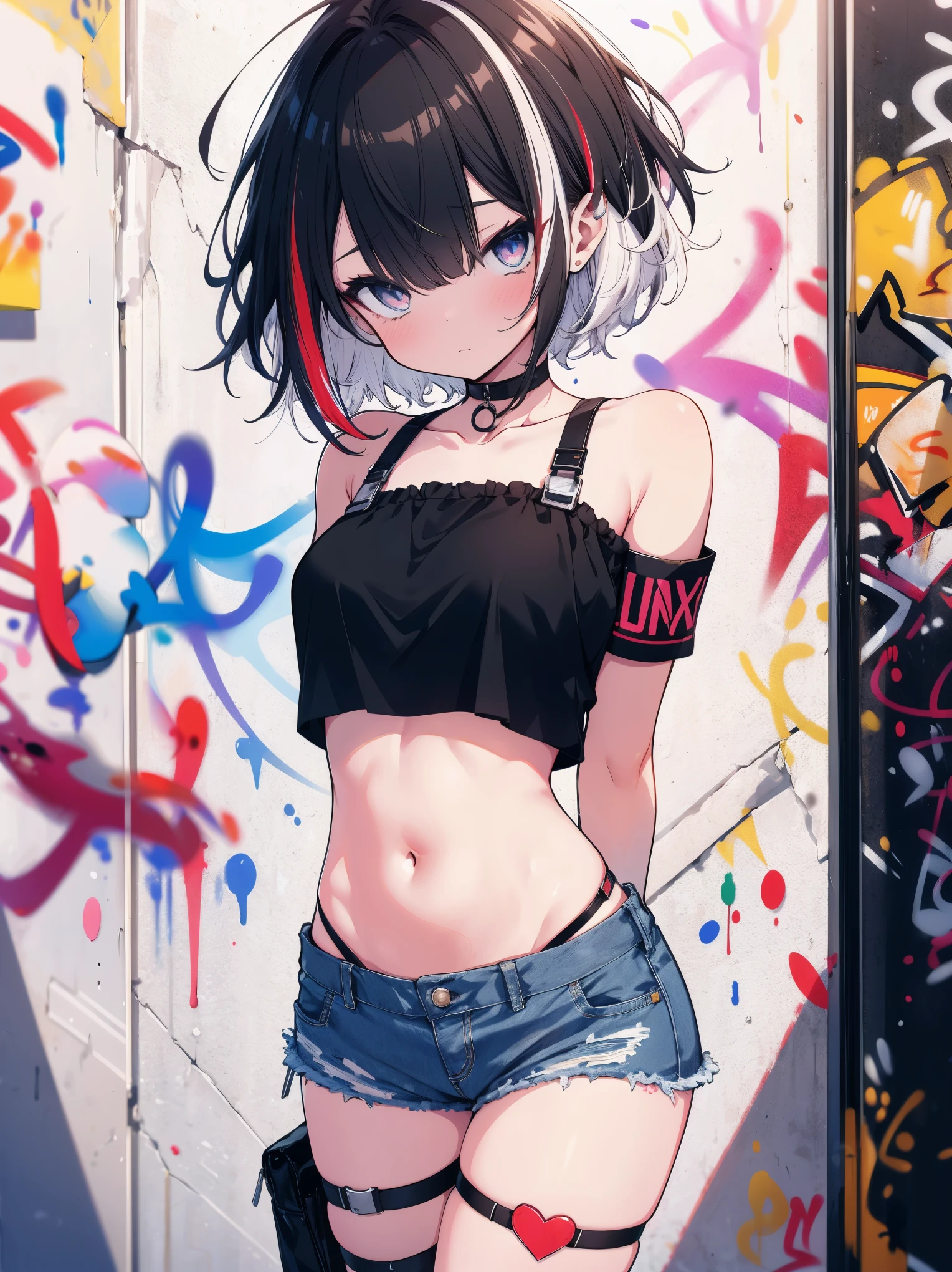 (cowboy shot), (best quality, ultra-high resolution, depth of field:1.2), adult, 1woman, solo, streaked hair, short hair, bangs, crop top, denim shorts, choker, (graffiti:1.4), paint splatter, arms behind back, (slouching), (leaning back:0.5), against wall, (leaning to the side:0.5), looking at viewer, armband, thigh strap, streaked hair, paint on body, upturned eyes, head down, head tilt, (from side:1), bored
