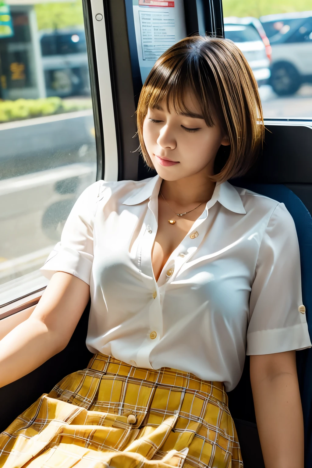 1 beautiful woman, big body, brown hair, eyelid makeup, asian girl, bangs, short hair, hair tied in a ponytail, White Button Down Blouse, tie, cleavage, Yellow plaid skirt, shoes, sleeping sitting on the bus, mouth is open , closed my eyes.