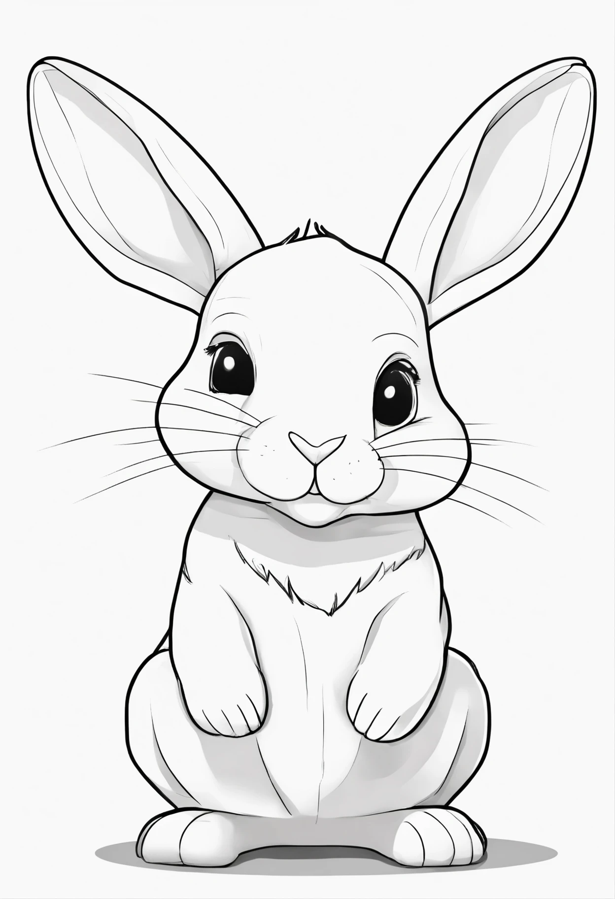 Cute cartoon style, ((black and white)), ((minimalism)), outline of a cute lop ears rabbit baby, full body, white background, full page no borders, coloring book style, thick black lines