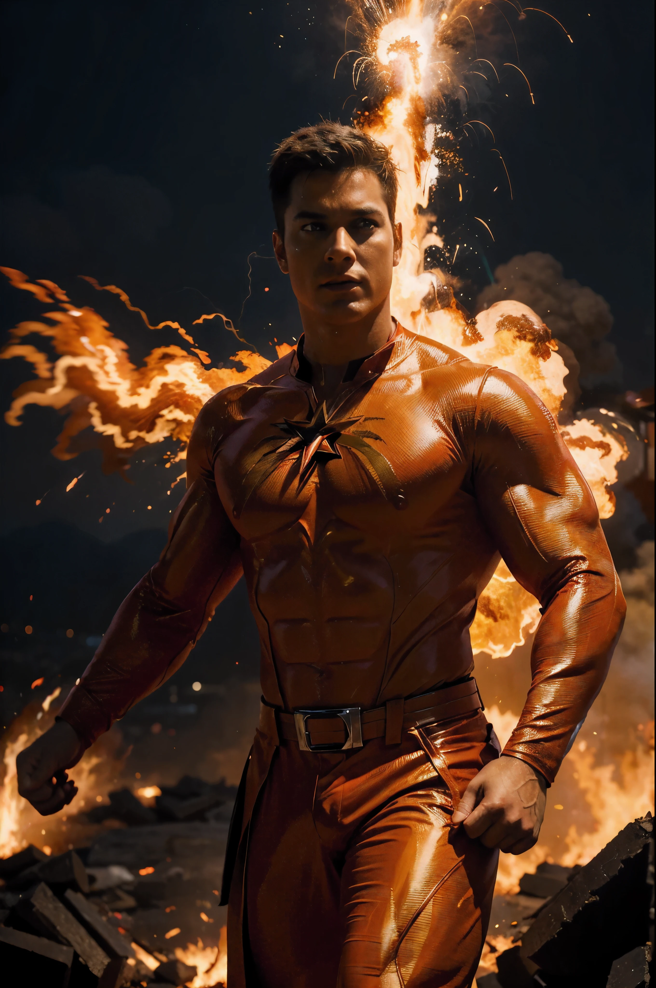 homem, fire superhero,illustration,Corpo flamejante,heroic pose,vista elevada,full of action,poderes explosivos,aura ardente,superhuhomem strength,capa flamejante,dramatic lighting,high resolution,cores vivas,estilo de quadrinhos,paleta de cores vermelho e laranja,bokeh