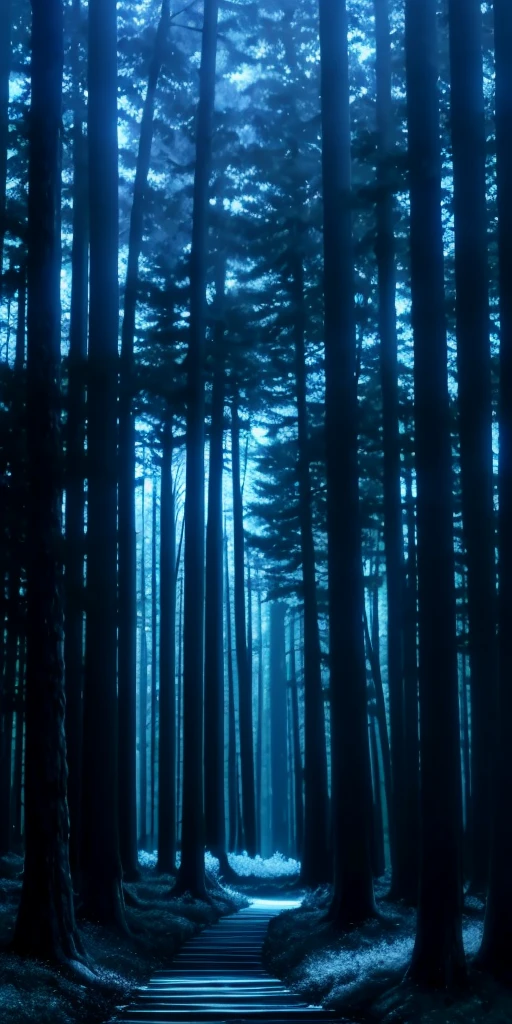 There is a dark forest,There is a path in the middle, an image of a moonlit forest, moonlit forest, Forest at night深处, Forest at night, dark Forest at night, night forest, moonlit forest environment, blue forest, night in the forest, in a Forest at night, Night in dark forest, forest and moon
