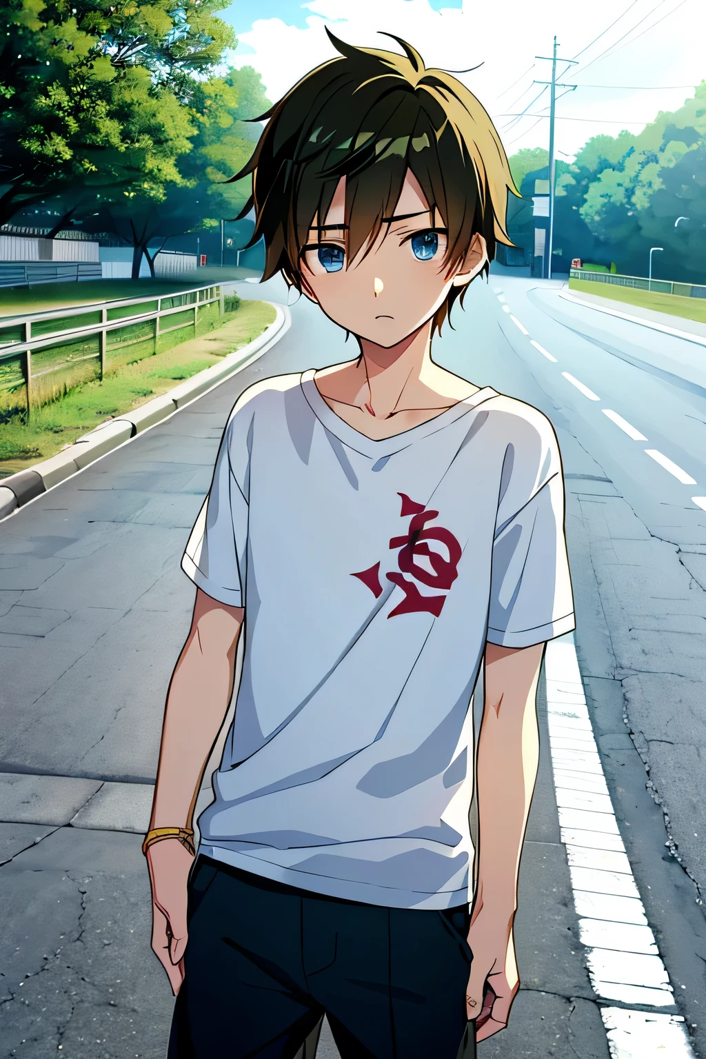 a boy, anime style, looking tired,standing beside the road