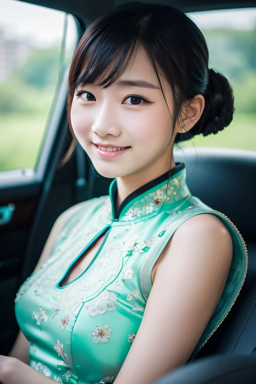highest quality, 8k, , Ten generations,10 year old student, Inside the limousine,RAW photo, absurd, award winning portrait, smile, alone, idol face, viola lace, delicate girl,Digital single-lens reflex camera, looking at the viewer, Frank, Sophisticated,thin arms, professional lighting, film grain, chromatic aberration, (Eye and face details:1.0), (Bokeh:1.1) , (qipao dress:1.1) ,