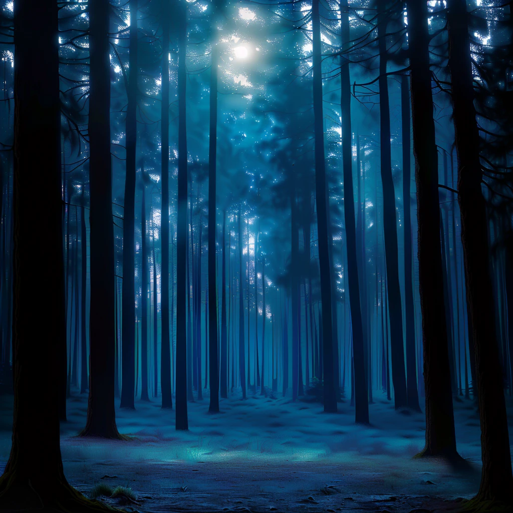 There is a dark forest，There is a path in the middle, an image of a moonlit forest, moonlit forest, Forest at night深处, Forest at night, dark Forest at night, night forest, moonlit forest environment, blue forest, night in the forest, in a Forest at night, Night in dark forest, forest and moon