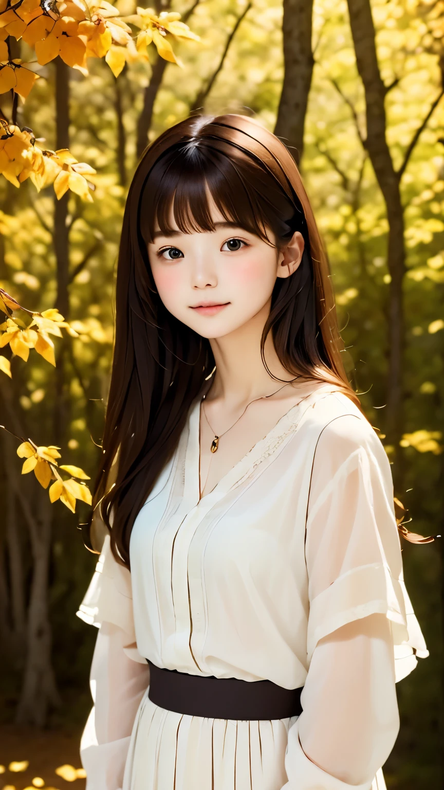 ((masterpiece、In 8K、RAW photo、best quality、超Realisticな：1.2))、(Realistic、Realisticな写真：1.2)、beautiful girl、solo、perfect face、delicate and beautiful face、Eye and face details 、(Fashionable autumn outfits:1.2)、(full body esbian:1.2)、((laughter:0.2))、beautiful lighting、rough skin、Super detailed、high detail、high quality、High resolution、detailed mouth、open your mouth、bangs、Full body Esbian、long shot、 Brilliant、Mountain with autumn leaves in the background々