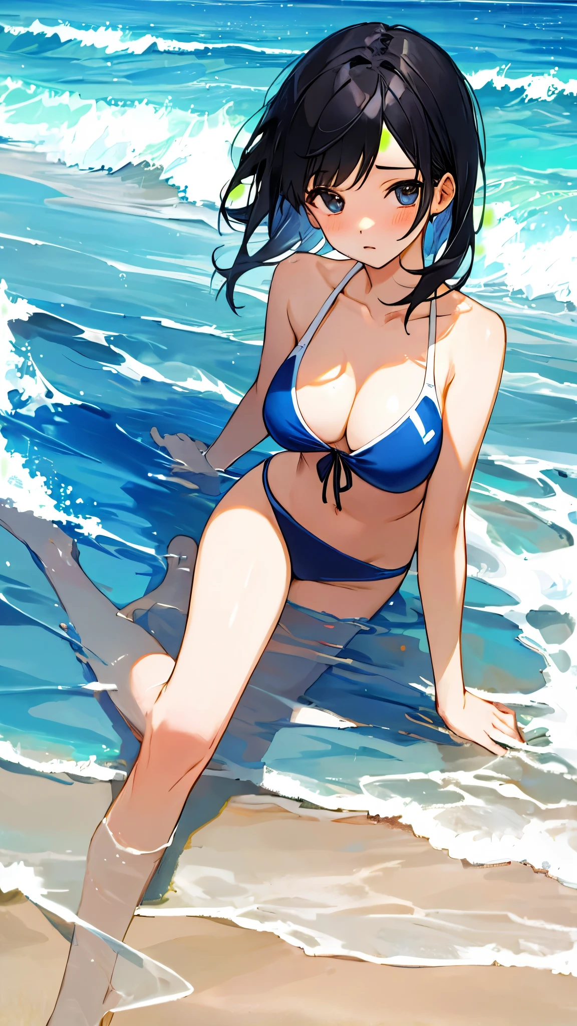 beautiful girl、swimsuit、beach、highlight on eyeasterpiece、high resolution、black hair