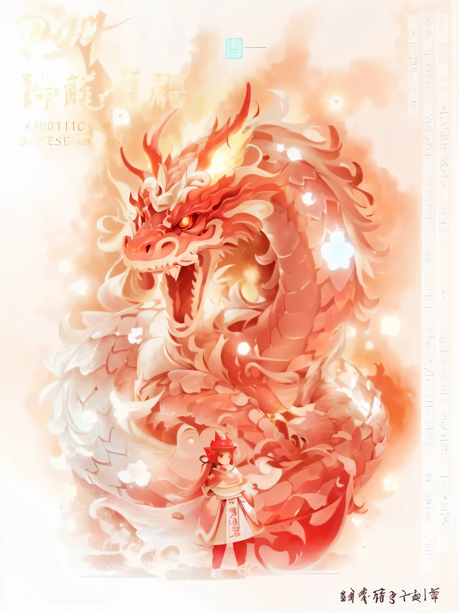 There is a red, white and green collared dragon statue, green body,clear edges,(fire), Shui Mo Hua, dragon, author:Yang Jie, Inspired by Puhua, smooth Chinese dragon, as an anthropomorphic dragon, Chinese dragon, 9k, 2 days, two-dimensional, 9K, Humanity, Cute little dragon, qiangshu, by Yan Hui, sticker style,clear edges,