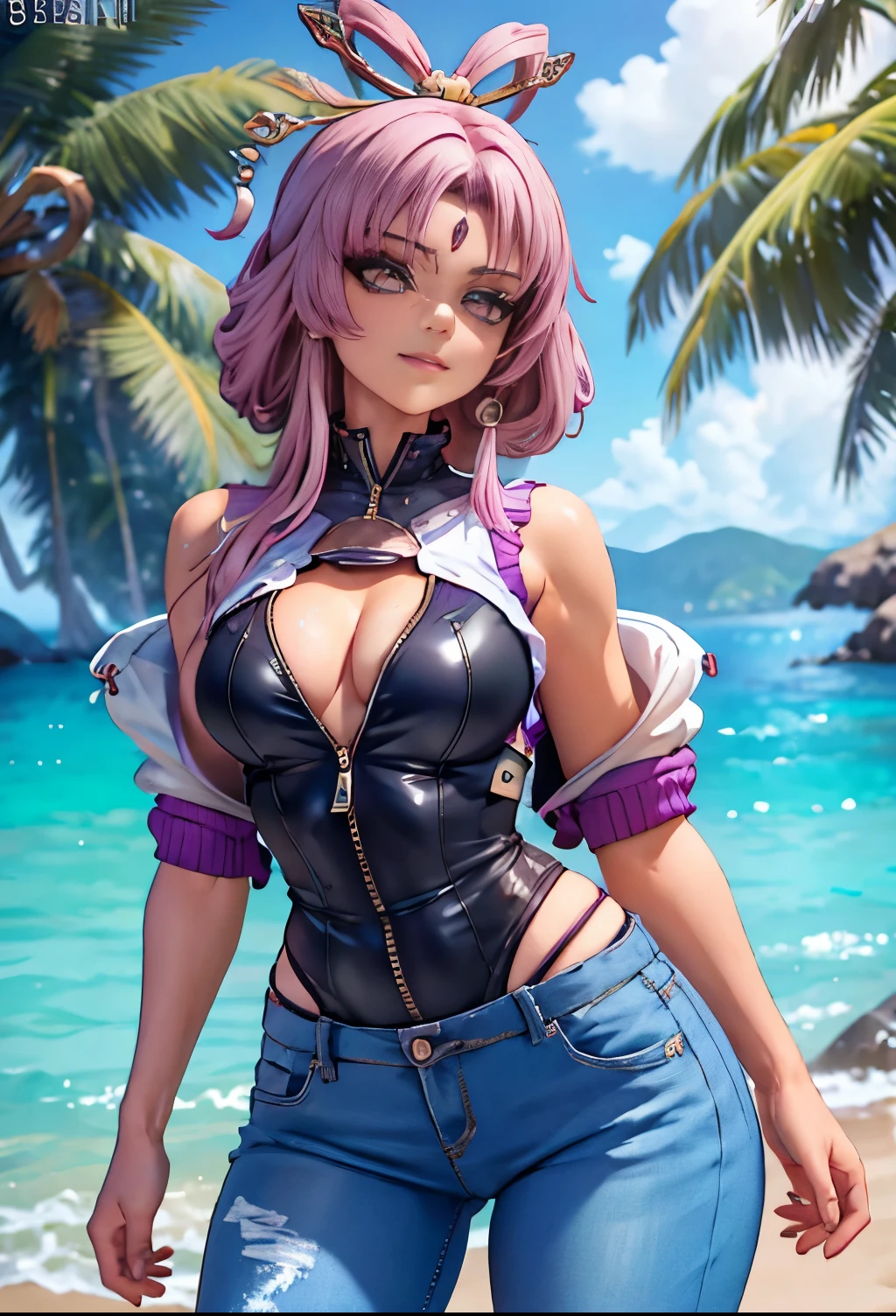 Slim figure，ripped jeans，having fun，Mesh garment，Chest open，Exposing the abdomen，Cocked buttocks，Fleshy thighs，Purple shawl，Masterpiece，Brilliant sunshine，Ocean Garden，Above the sky，Comic cover style，Comic title,tmasterpiece， High- sharpness， high high quality， Detailed face， detailed body render， 1girll， solo， Hinata sleeveless clothing， sleeveless shirts， Fishing net clothing， Dark lips， Unzipped jacket，
