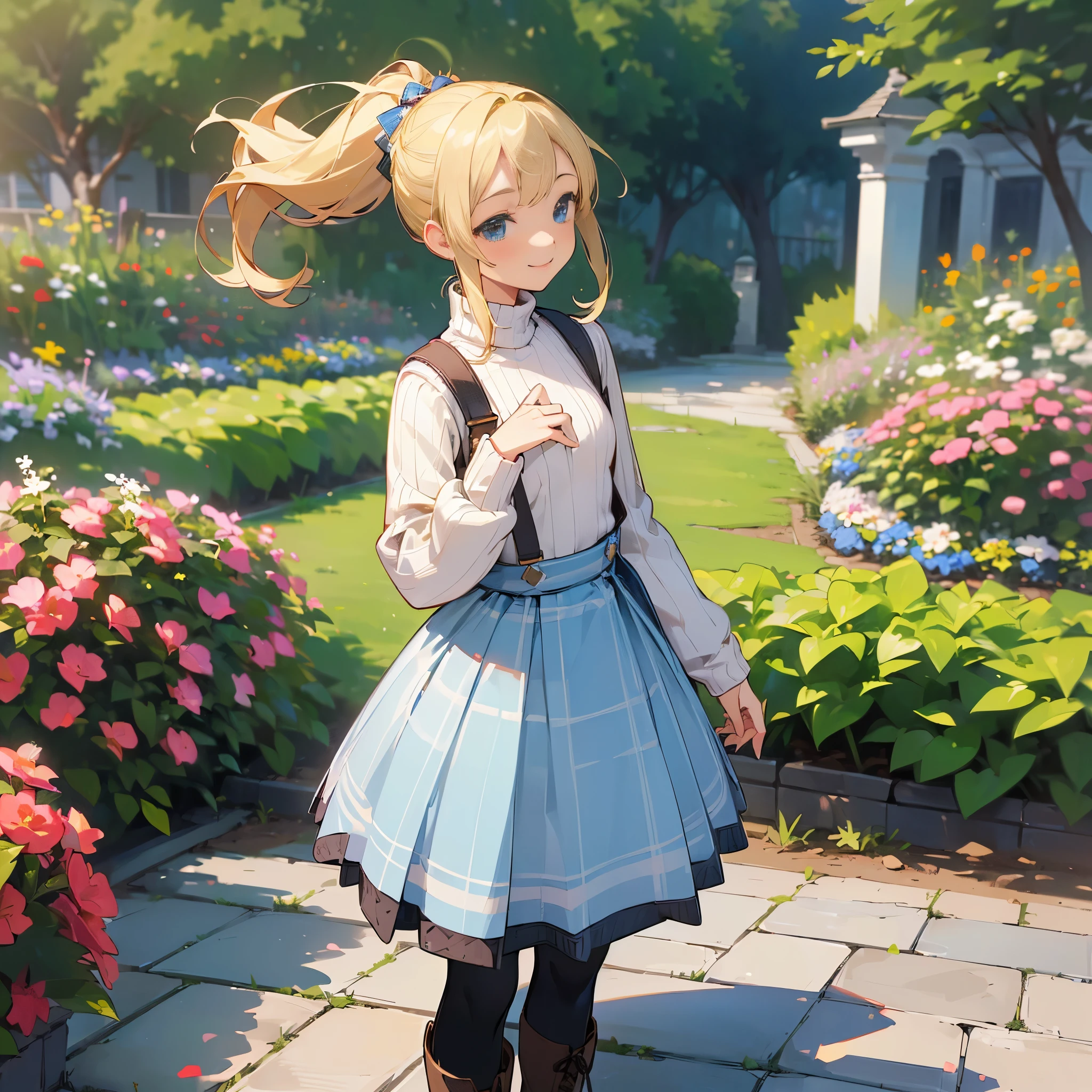 (high quality, high resolution, Super detailed, Reality:1.37), peaceful atmosphere, (outdoor, garden),  girl standing alone, (big chest.), beautiful detailed features, cute smile, (blonde ponytail), ribbed sweater, blue plaid skirt, black tights, brown boots.