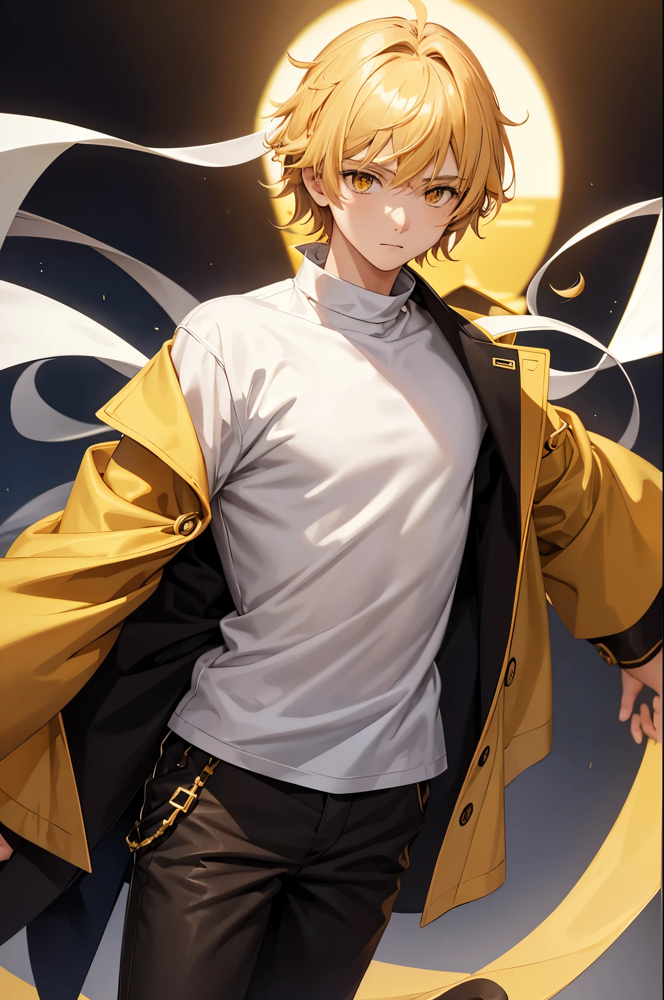 ((solo)), soft face, teenager, male, blond, yellow eyes, white shirt, brown genie pants, black oversized coat, anime style