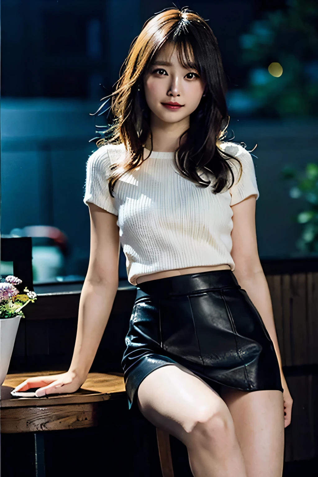 table top, highest quality,, 1 girl, (colorful),(Finely drawn beautiful eyes and detailed face),Cinematic lighting,bust shot,Highly detailed CG Unity 8k wallpaper,swimsuit、gray hair,alone,smile,intricate skirt,((flying petals)),(Flowering steppe), sky porn, cloudy_sky porn, building, moonlight, moon, night, (dark theme:1.3), light, fantasy,Close-up of a woman wearing a skirt and sweater and posing for a photo, black leather slim clothes, high waist black skirt, mini skirt, mini skirt, wears tight and simple clothes, mini skirt, short skirt, black skirt, short black skirt, wearing leather, wearing a sexy crop top, short mini skirt, beautiful short skirt