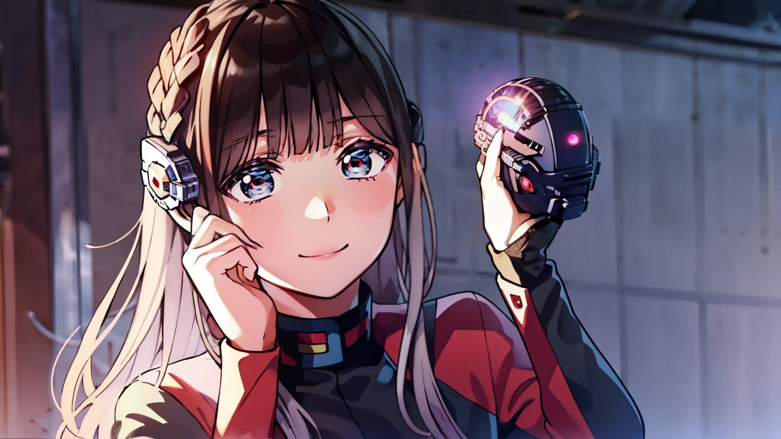 Azuki Hanazawa, long hair, silver hair, red eyes, digital monsters, monitor, humanoid, kamen rider, digimon, masked rider, full covered on helmet, red halo above, black armor suit, black hole, glitching surrounding, standing, visual novel cg style, BREAK looking at viewer, BREAK (masterpiece:1.2), best quality, high resolution, unity 8k wallpaper, (illustration:0.8), (beautiful detailed eyes:1.6), extremely detailed face, perfect lighting, extremely detailed CG, (perfect hands, perfect anatomy)