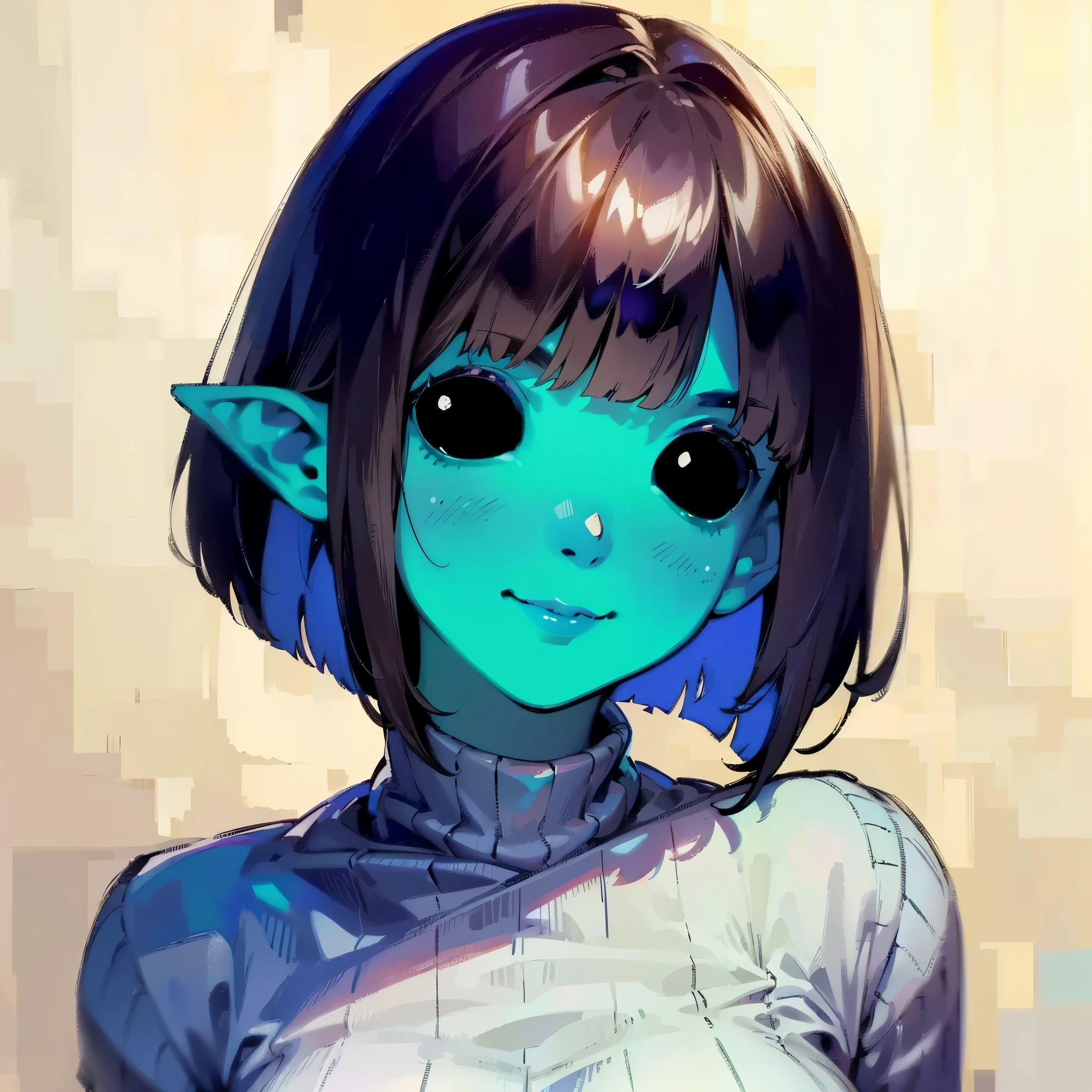 1girl, short brown hair, bob cut, blunt bangs, black eyes, pointy ears, light blue skin, medium breast, black lipstick, white ribbed sweater, blush, smile, solo, cute, ((best quality)), ((masterpiece)), portrait, simple background, looking at the camera, from the front, ((detailed)), ((perfect anatomy)), ((detailed art)), ((high definition)), ((4k)), ((high resolution)).