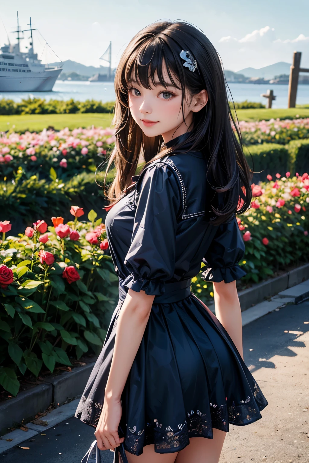 very cute and beautiful girl,(highly detailed beautiful face),(smile:1.2),cowboy shot,
navy blue frilled dress,standing,dynamic pose,(detailed legs,mini skirt:0.9),
black hair,(rose garden),navy harbor,warships in distance,
(best quality,masterpiece:1.2),absurdres,highres,ultra-detailed,extremely detailed,32k,8k resolution,
intricate details,cinematic scene,detailed background,solo,dynamic angle,
solo,natural lighting,hair fluttering in the wind,beautiful detailed sky,perfect hands,