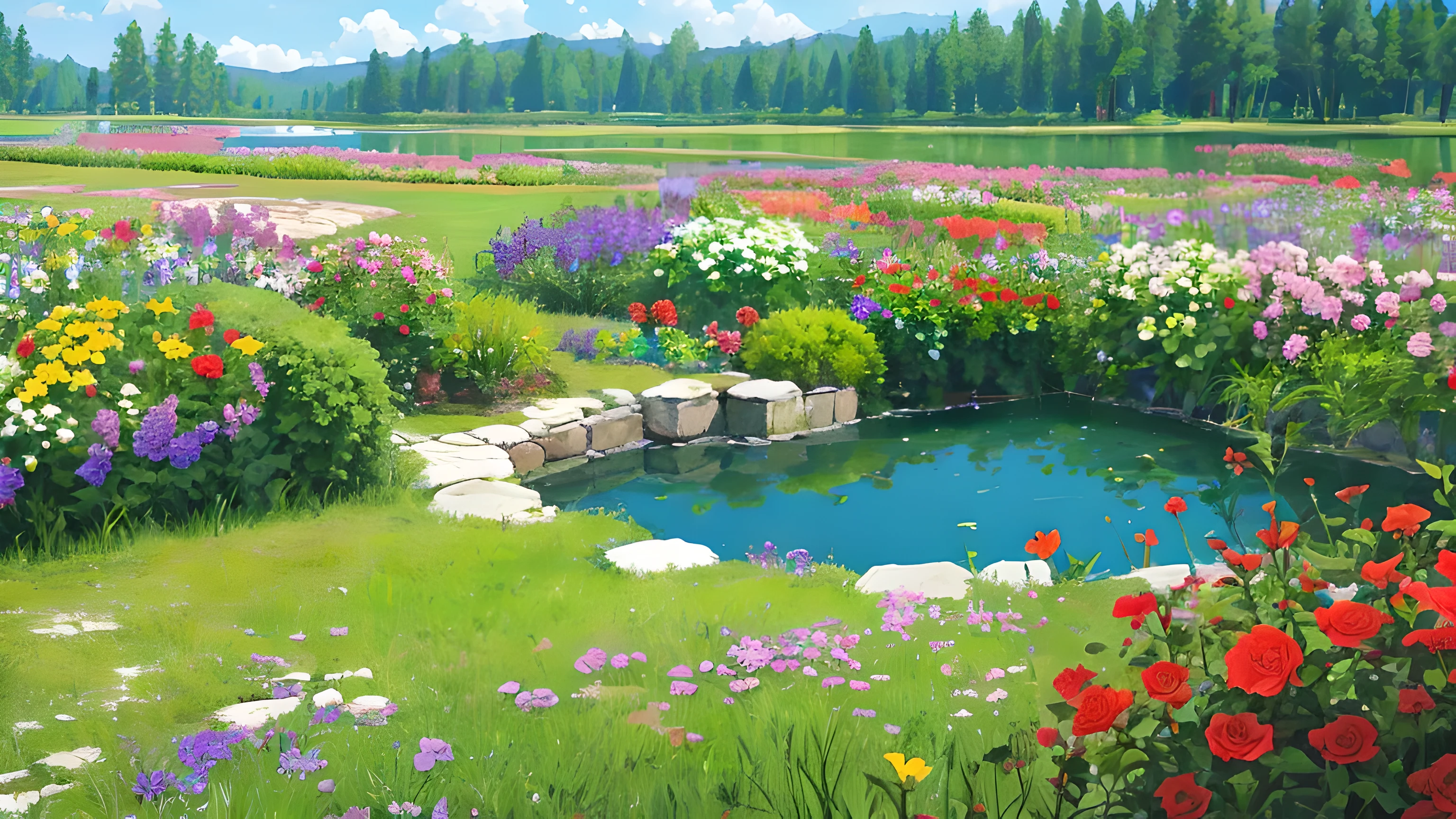 flowers,garden,lake