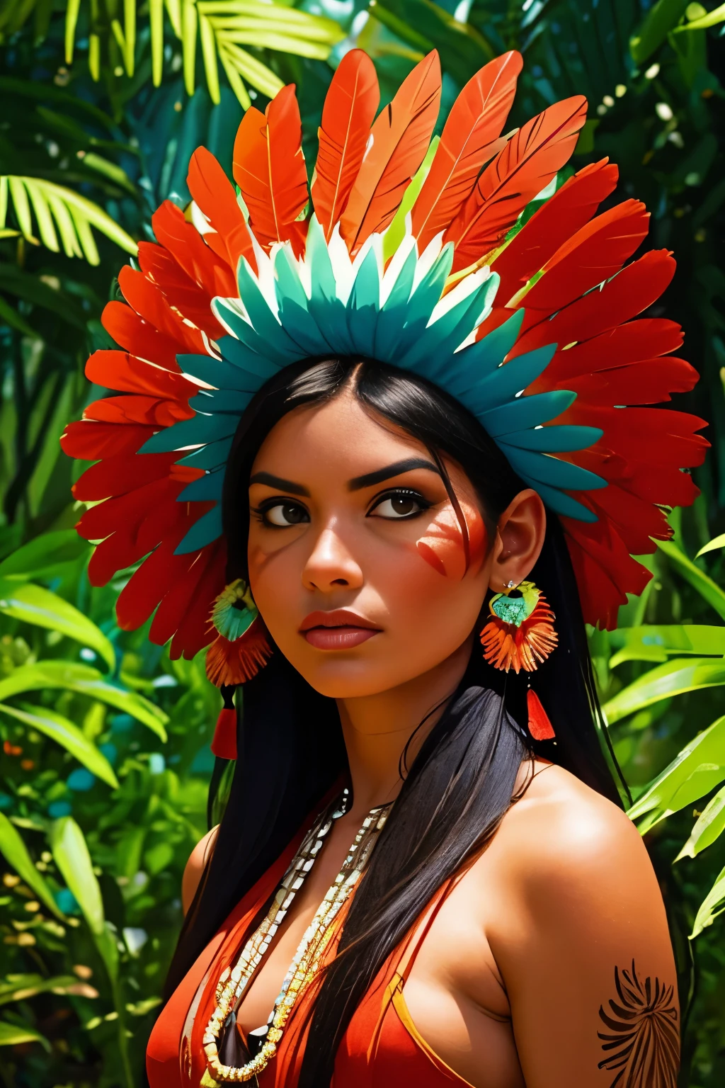 SFW. ((RAW photo, Best quality)), (Realistic, photo-realistic:1.2). A beautiful indigenous girl in native dress with feathers and feathers on her HEAD, Blue and red green macaw FEATHERS, on river. amazon indian peoples in brazil, beautiful young female brazilian Native girl, Hot body, body in good shape, very detailed face, Yanomami Indian in typical costumes,High quality. Amazonia forest Background. Cinematic lighting. 