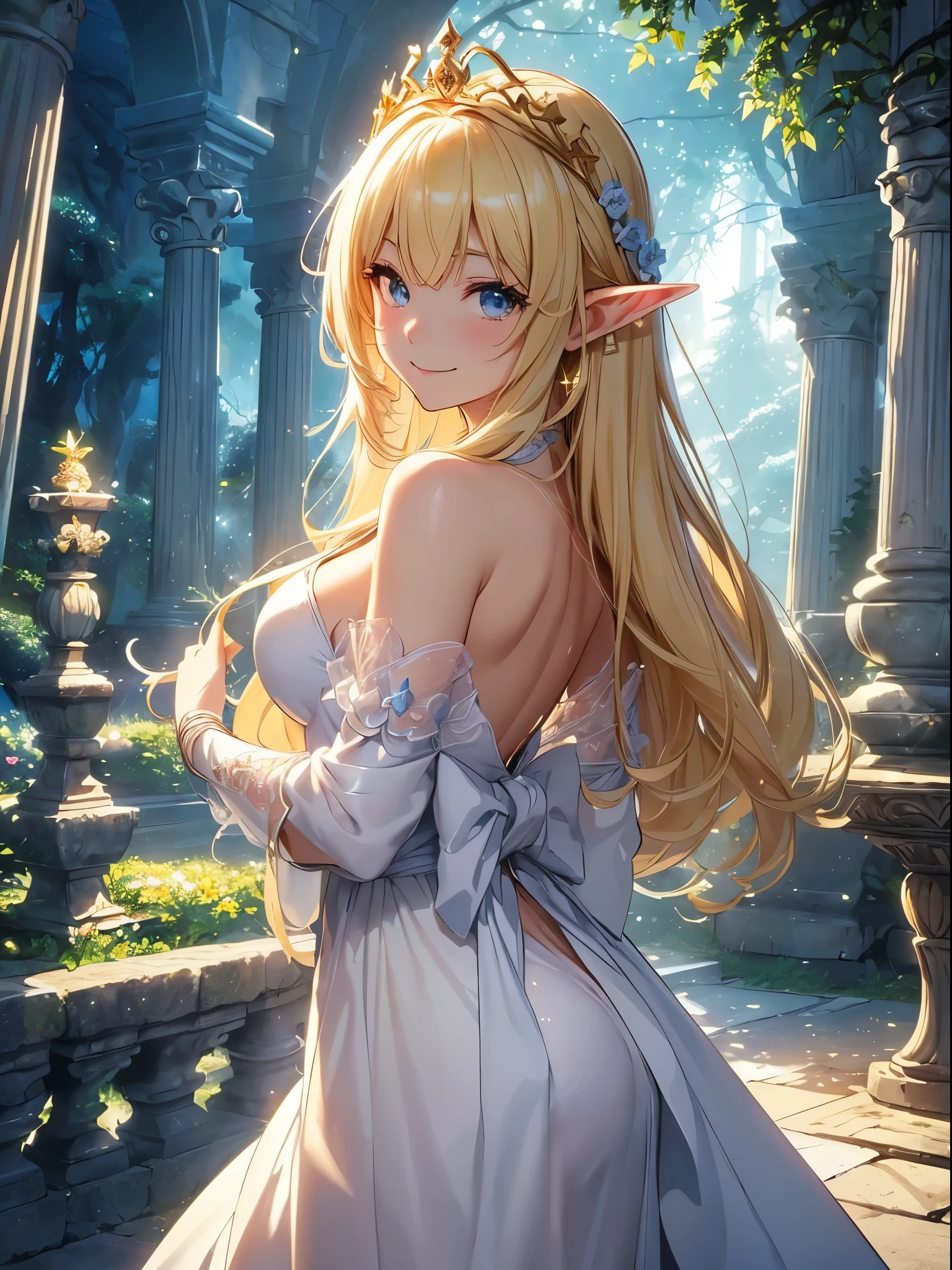 highest quality、Highest image quality、masterpiece、Titania、Super beautiful elf beauty((22 years old OL big bust、bust 90,beautiful long ironed hair、blonde、Height: 165cm。slender、sexy、Esbian、beautiful tiara、night、High quality、beautiful art、background((starry ski)))muste piece、visual art、Depth of the bounds written、、elf ears、Angel&#39;s wing、光のmagic、universe、A happy smile、gentle light、lanthanum、get lost、、ticker beautiful decorative、elegant、mystical　rosa、　heaven、beautiful dressy、beautiful dress、、giant galaxy、morning、myth、ART、Lord of the Ring、sexy、friendly smile、Fantastic、mysterious forest、in the forest、magicの光、fantasy、flower、super REALITYたくさんの薔薇、magic、Nature、壮大なflower畑、World of Angels、fantasy、、marble columns、gold foil、mysterious light、Greece、Rome、temple