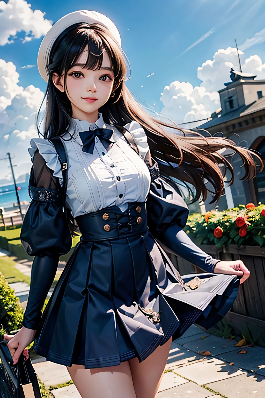 very cute and beautiful girl,(very detailed美しい顔),(smile:1.2),cowboy shot,
navy blue ruffle dress,Are standing,dynamic pose,(leg details,mini skirt:0.9),
black hair,(rose garden),naval port,warship in the distance,
(highest quality,masterpiece:1.2),disorganized,High resolution,super detailed,very detailed,32K,8K resolution,
intricate details,movie-like scene,detailed background,alone,dynamic angle,
alone,Natural light,hair blowing in the wind,beautiful and detailed sky,perfect hands,