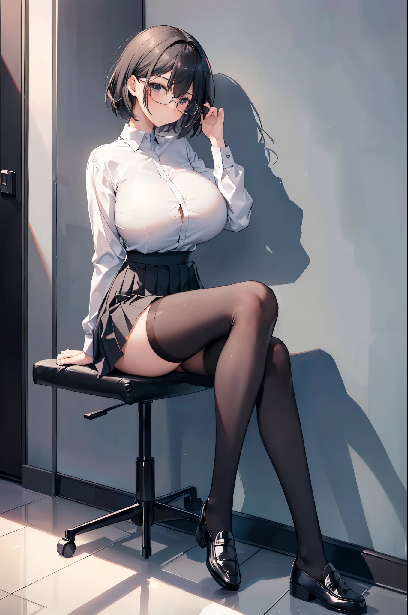 1 girl, glasses, (full body:1.2), sitting, (angle from below:1.1), (angle from the side:1.1), blush, (slim body:1.2), (huge breasts:1.5), (slender and long legs:1.2), black hair, short hair, white long sleeve shirt, pleated skirt, (black tights:1.1), black loafers,