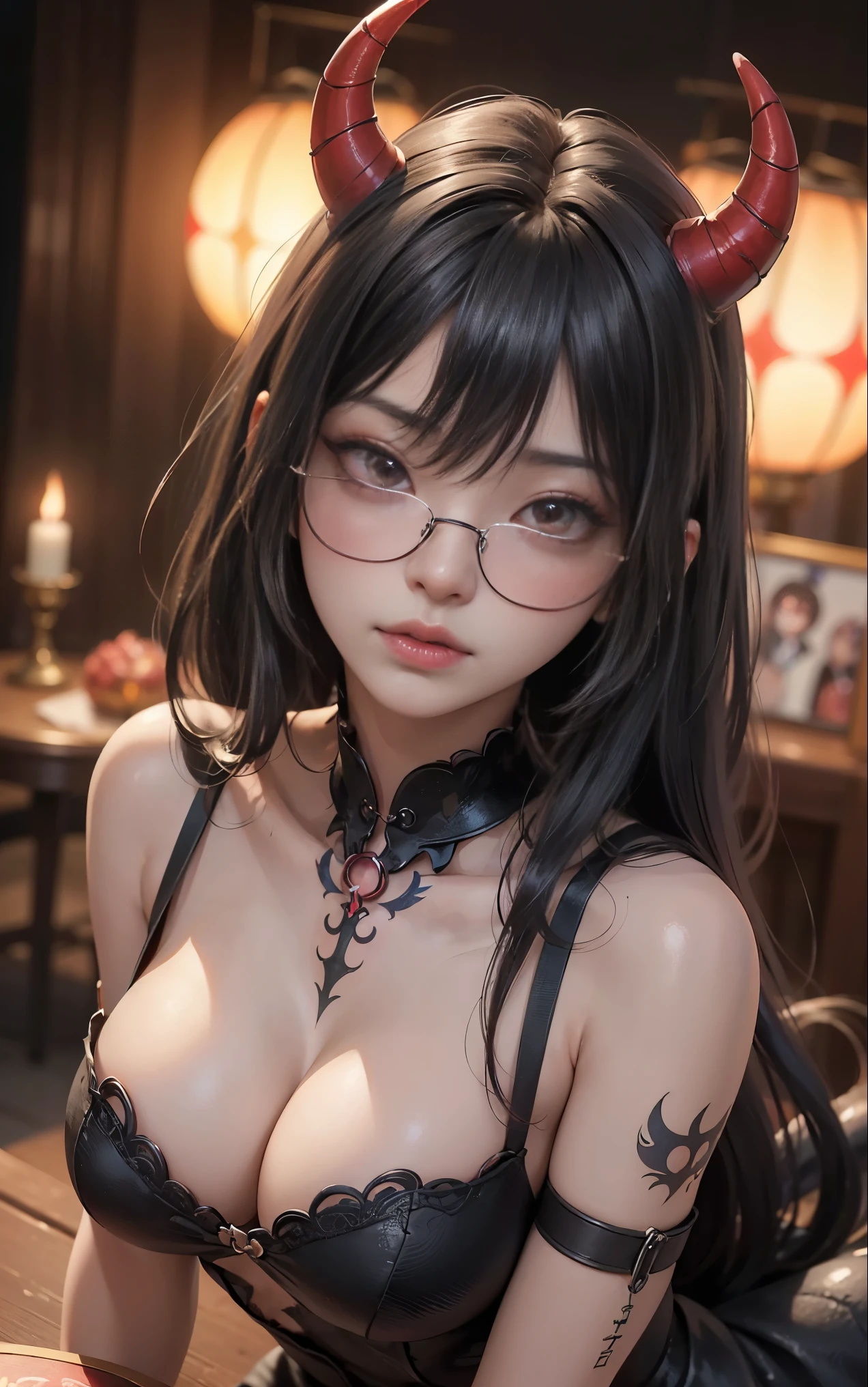 got itですかですか、(best illustrations)、8k UHD resolution、intricate details、highest quality、realistic、Super detailed、best lighting、best shadow、soft lighting、ultra hd、超realistic、Tyndall effect、Photoreal、(high detail skin:1.2)、 (intricate details, compensate, face to face with the ren_v1:0.5), (got it, beautiful and delicate face, got itですか, beautiful and delicate eyes, perfectly proportioned face, high resolution skins, fine skin, Optimal ratio of 4 fingers and 1 thumb, arm under chest, red tattoo on lower abdomen、Wow wow, wide hips, smooth abdomen, thin and thin skin, __fashion__, __hair__:1.25)、Digital single-lens reflex camera、 absurd、(table top: 1.3), (maximum resolution: 1.2), (ultra hdTV: 1.2), cinematic light, fine eyes and skin, detailed facial features, , (sharp focus: 1.2), (focus on the face:1.2),perfect style, beautiful face, acura, anatomically correct, Highly detailed face and skin texture, fine eyes, double eyelid, thin eyebrows, glitter eyeliner: 1 natural cheeks, Glossy skin, Fair skin: 1.2, (glossy lips: 1.4),(embarrassed look: 1.2),Highly detailed face and skin texture, fine eyes, double eyelid, natural cheeks, glossy lips: 1.4,exposed cleavtching。charm、 Beautiful devil woman from hell, デヴィッド・ホックニーとアルフォンス・ミュシャによる超realistic女性の肖像画, charm女性の肖像画、fantasy art, Chinese humanoid robot、chinese actress、dungeon、dragon、devil'palace of、devil'torture chamber、night、dark style 、in the dark、(detailed spooky background:0.8), magic、 1 girl、evil nun、dark necromancer、Succubus、devil'Daughter of、Shinonome Umi、bat wings,(((devil'Horn)))、 ((((giant glasses, otaku glasses, thick glasses, round glasses)))),(((big breasts))9;tail)、(red eyesは光り輝いて:1.6)、red eyesは非常に鮮明で詳細です, your eyes are so beautifully made, ((red eyes:1.0)),intricate tattoo, demonic intricate tattoo, thigh tattoo, body tattoo, masterpiece、最もbeautiful face、baby face、cute smile、beautiful plump red lips、筋肉のcharm体、devilのcharm体、devil style、charmブラックマジックコスチューム、The long-haired、Braid、Black hair、Ponytail distortion、, Ponytail with a bow tied at the back of the hair, beautiful expression、body up、big breasts強調、bust, supest, Breast augmentation surgery, Breastvery big and round,tight waisass、 secret key, cowboy lens, (black phoenix dre 1.0), devil crown, red gemstone necklace、Jewelry G Wise, Please wear black mesh socks,wearing light red、nffsw, nffsw, Meeting beautiful girls, look at the girl'Main body,