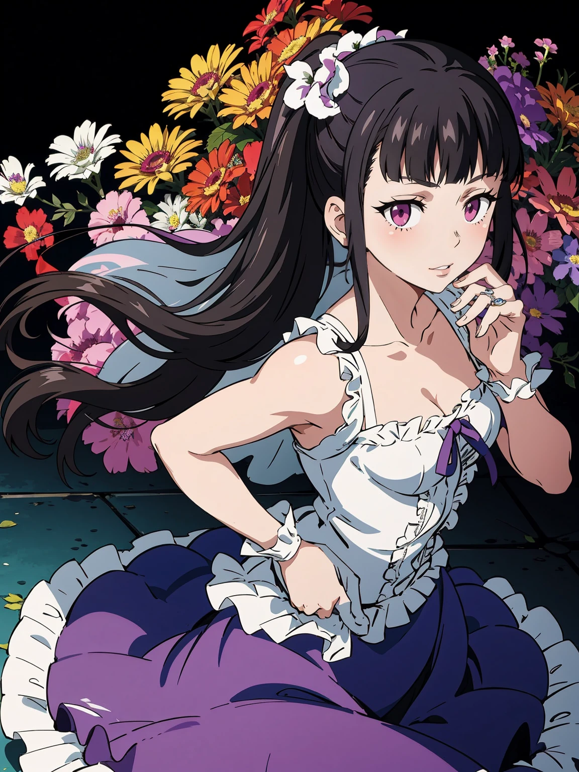 maki, masterpiece, key visual, 1girl, solo, dark blue hair, blunt bangs, high ponytail, hair flower ornament, (wedding dress, frills:1.2), bride, white gloves, looking at viewer, purple eyes, ayame_yamagowa, maki