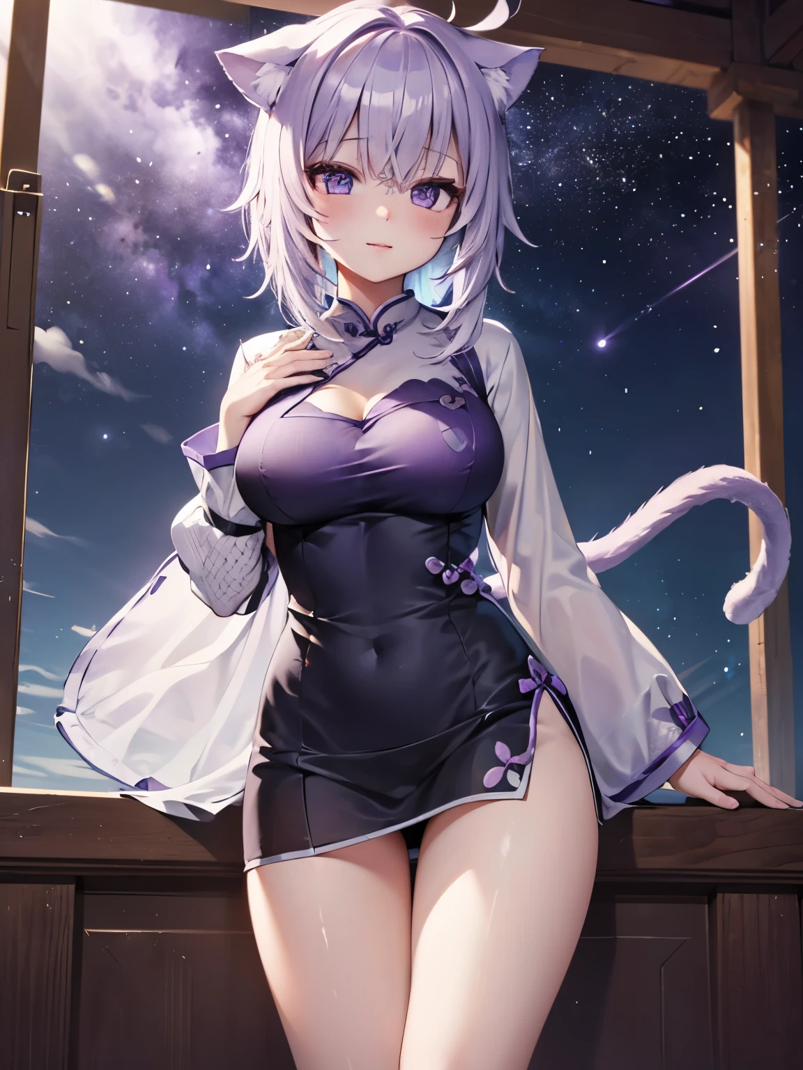 highest quality,wonderful,masterpiece,delicate,ultra high resolution,Super detailed,intricate details,beautiful,8K resolution,(Highly detailed CG Unity 8k wallpaper),sharp focus、1 female、okayudefault, cat tail, ahoge、Purple cheongsam、thighs、big breasts、valley、Are standing、outside、sunny