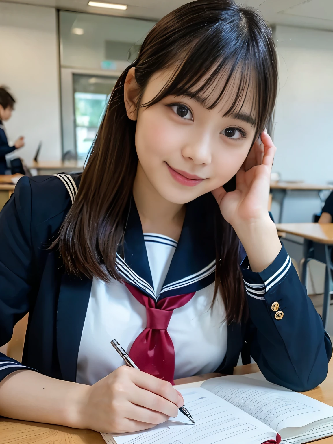 super highest quality, Japanese, real、open your mouth and laugh, small face、dark makeup、eyeliner、Mr.々hairstyle, girl, , whole body, many students in the background、high school,sailor suit、navy blue skirt, daytime, In the classroom, During class、He was sitting next to me, his desk facing the blackboard.、When I was filming from the seat next to me, I looked down.、Notebook and pencil case on the desk、 cute, beauty, big breasts、