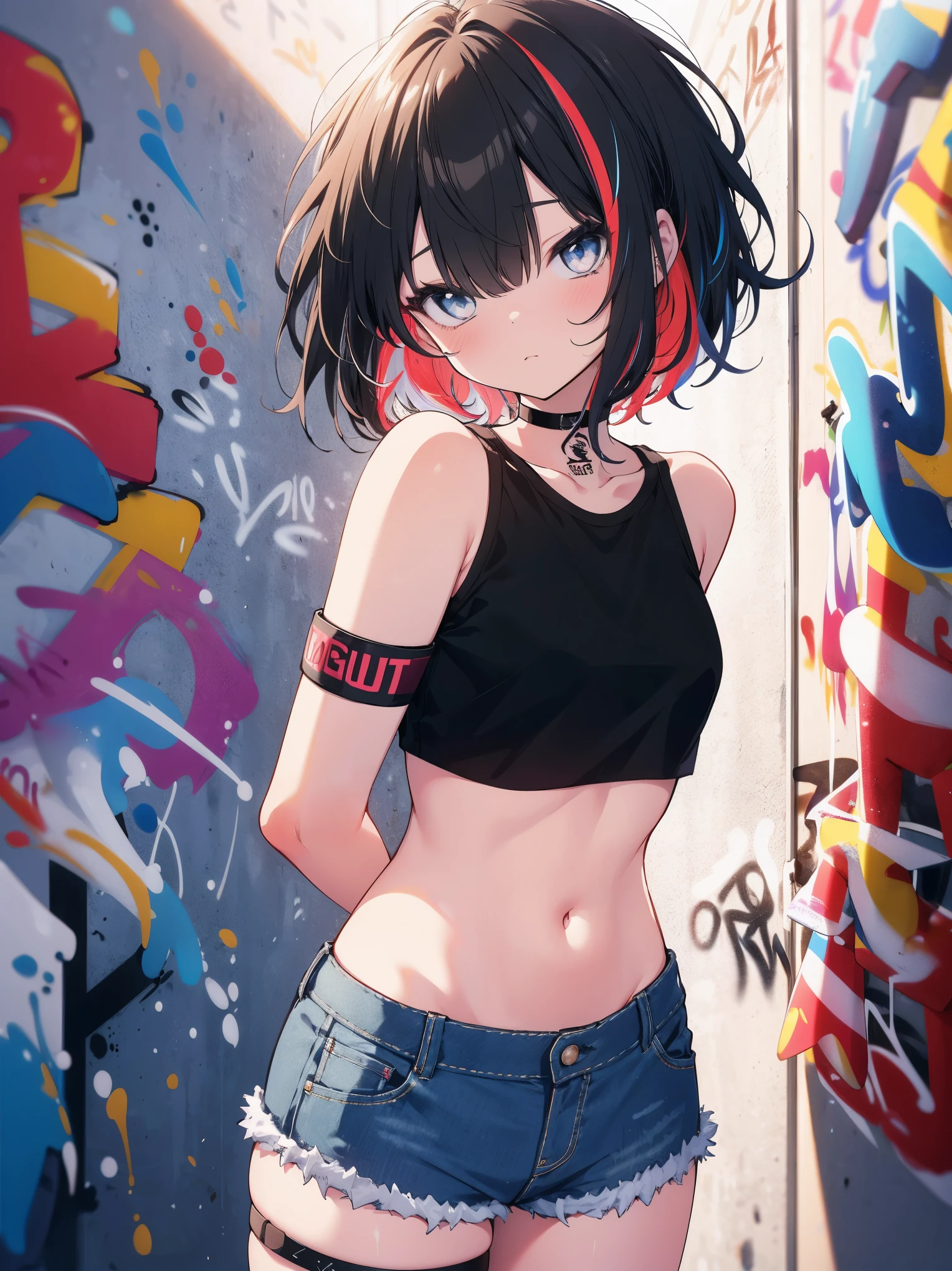 (cowboy shot), (best quality, ultra-high resolution, depth of field:1.2), adult, 1woman, toned, solo, streaked hair, short hair, bangs, black crop top, strings, denim shorts, choker, (graffiti:1.4), paint splatter, arms behind back, (slouching), (leaning back:0.5), against wall, (leaning to the side:0.5), looking at viewer, armband, thigh strap, streaked hair, paint on body, upturned eyes, head down, head tilt, (from side:1), bored