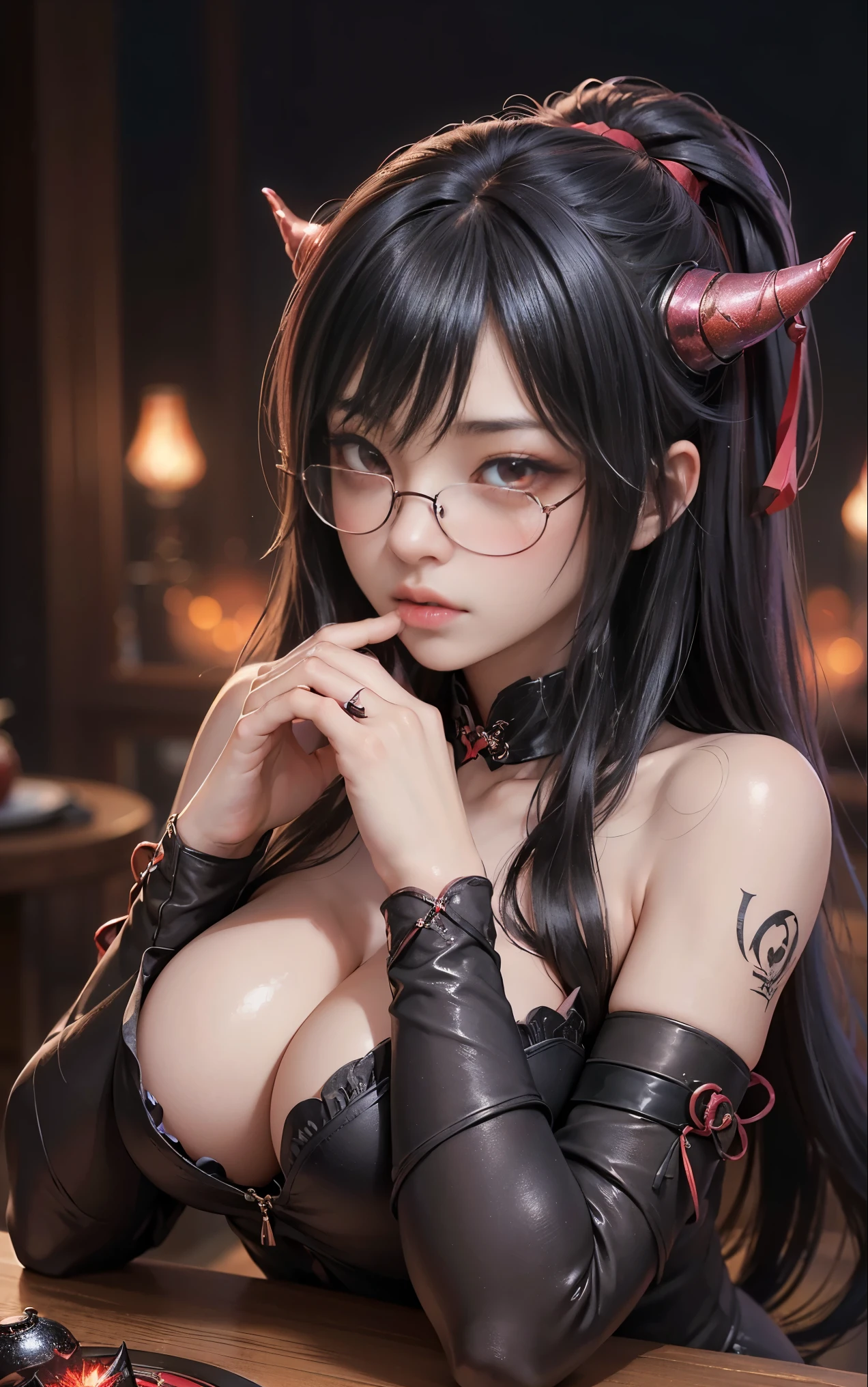 got itですかですか、(best illustrations)、8k UHD resolution、intricate details、highest quality、realistic、Super detailed、best lighting、best shadow、soft lighting、ultra hd、超realistic、Tyndall effect、Photoreal、(high detail skin:1.2)、 (intricate details, compensate, face to face with the children_v1:0.5), (got it, beautiful and delicate face, got itですか, beautiful and delicate eyes, perfectly proportioned face, high resolution skins, fine skin, Optimal ratio of 4 fingers and 1 thumb, arm under chest, red tattoo on lower abdomen、Wow wow, wide hips, smooth abdomen, thin and thin skin, __fashion__, __hair__:1.25)、Digital single-lens reflex camera、 absurd、(table top: 1.3), (maximum resolution: 1.2), (ultra hdTV: 1.2), cinematic light, fine eyes and skin, detailed facial features, , (sharp focus: 1.2）, (focus on the face:1.2),perfect style, beautiful face, acura, anatomically correct, Highly detailed face and skin texture, fine eyes, double eyelid, thin eyebrows, glitter eyeliner: 1 natural cheeks, Glossy skin, Fair skin: 1.2, (glossy lips: 1.4),(embarrassed look: 1.2),Highly detailed face and skin texture, fine eyes, double eyelid, natural cheeks,  glossy lips: 1.4,exposed cleavage、Bewitching。charm、 Beautiful devil woman from hell, デヴィッド・ホックニーとアルフォンス・ミュシャによる超realistic女性の肖像画, charm女性の肖像画、fantasy art, Chinese humanoid robot、chinese actress、dungeon、dragon、devil&#39;palace of、devil&#39;torture chamber、night、dark style 、in the dark、(detailed spooky background:0.8), magic、 1 girl、evil nun、dark necromancer、Succubus、devil&#39;Daughter of、Shinonome Umi、bat wings，(((devil&#39;Horn)))、 ((((giant glasses, otaku glasses, thick glasses, round glasses)))),(((big breasts)))、(devil&#39;tail)、(red eyesは光り輝いて:1.6)、red eyesは非常に鮮明で詳細です, your eyes are so beautifully made, ((red eyes:1.0)),intricate tattoo, demonic intricate tattoo, thigh tattoo, body tattoo, masterpiece、最もbeautiful face、baby face、cute smile、beautiful plump red lips、筋肉のcharm体、devilのcharm体、devil style、charmブラックマジックコスチューム、The long-haired、Braid、Black hair、Ponytail distortion、, Ponytail with a bow tied at the back of the hair, beautiful expression、body up、big breasts強調、bust,  super tight chest, Breast augmentation surgery, Breasts are very big and round,tight waist、wide ass、 secret key, cowboy lens, (black phoenix dress: 1.0),  devil crown,  red gemstone necklace、Jewelry G Wise,  Please wear black mesh socks,wearing light red、nffsw, nffsw, Meeting beautiful girls, look at the girl&#39;Main body,
