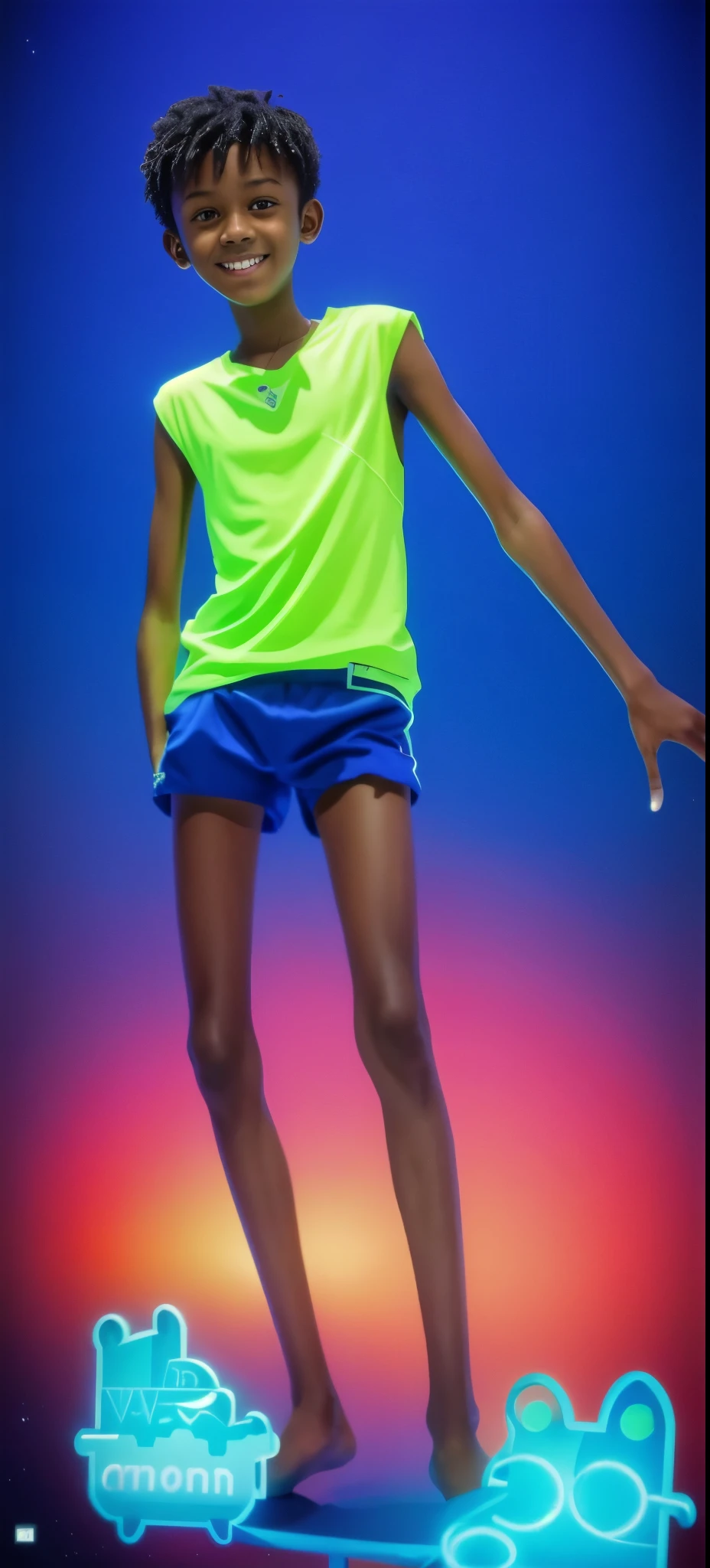 14 year old boy，brown skin，blue sports shorts，Bright neon green vest，，big eyes，very short hair，Tall and skinny，full-body shot，a junior high school student，Smile，real life，Highest quality，8k，aurora，Mars，outer space，Jupiter