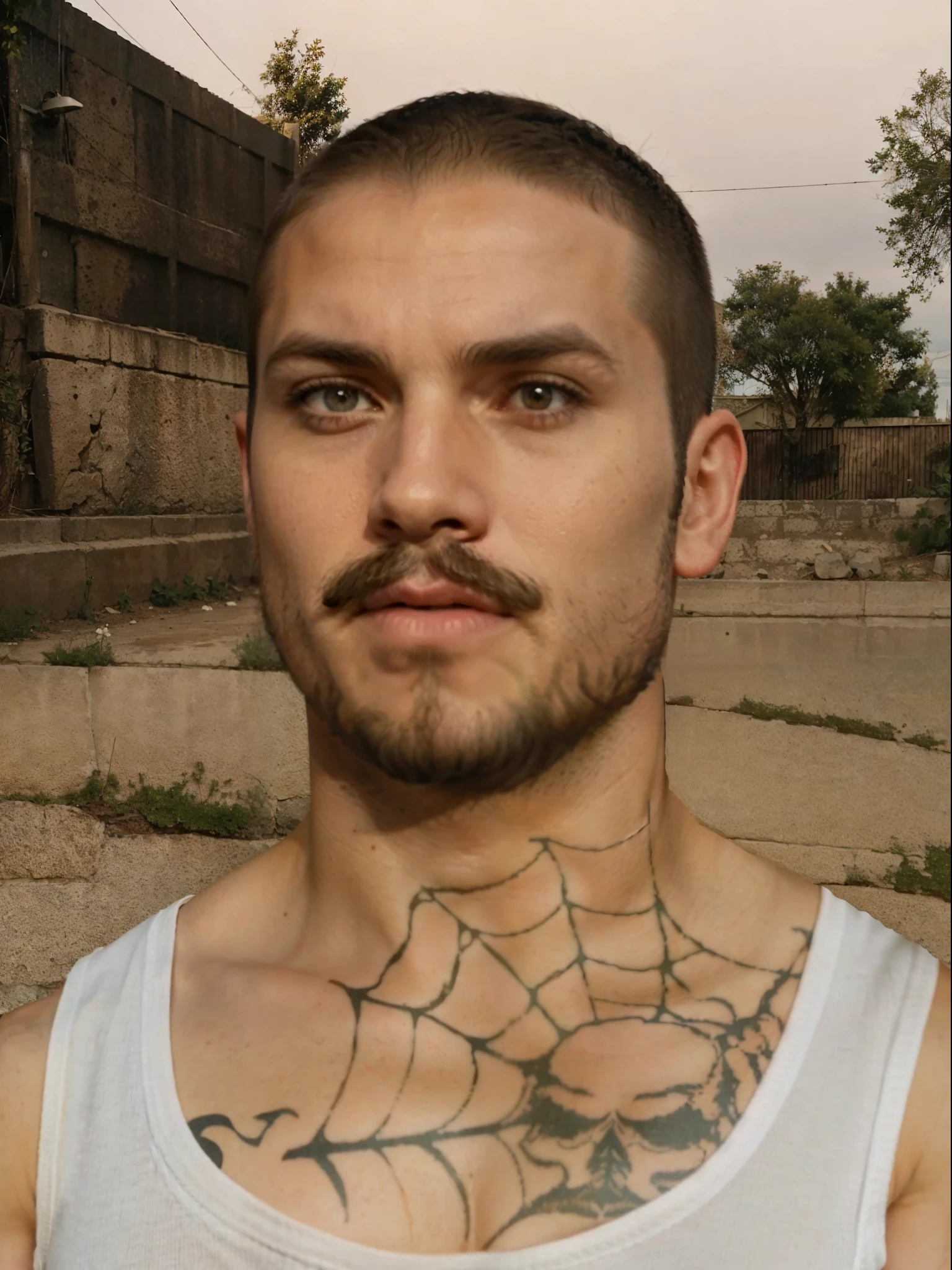 Real life adaption of this character, American man,same beard and moustache,realistic same buzz cut hair,realistic same white tank top outfit, realistic same tatto,realistic same background, realistic light, realistic shadow, realism, hyper realistic, (photorealistic:1.2), realistic small eyes